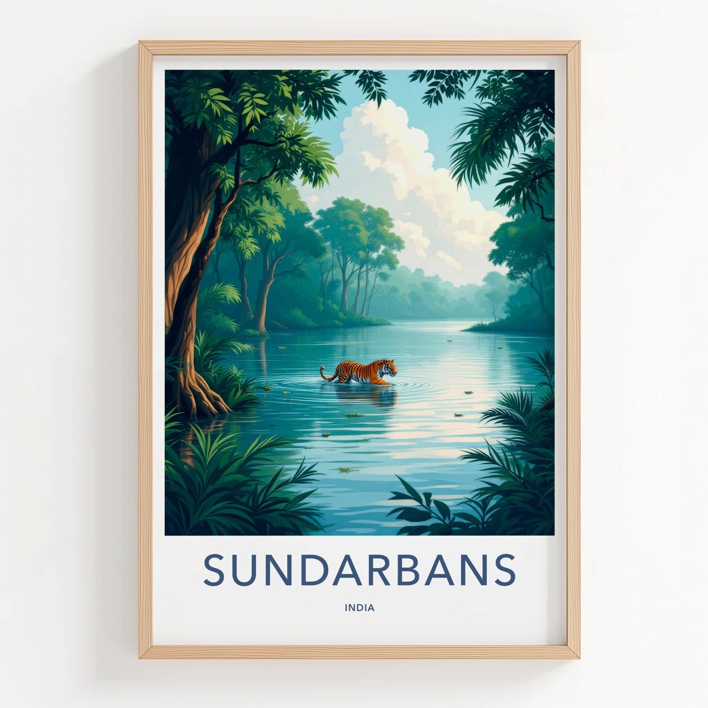 Sundarbans Poster - India Travel Art - West Bengal Tiger Wades Water Home Decor
