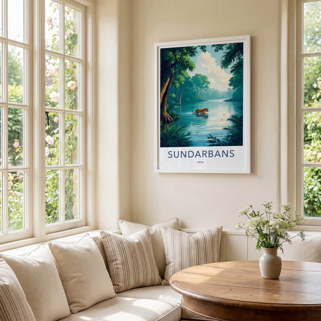 Sundarbans Poster - India Travel Art - West Bengal Tiger Wades Water Home Decor