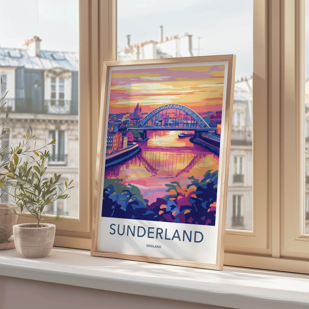 Sunderland Poster - England Travel Art - River Bridge Sunset Wall Decor
