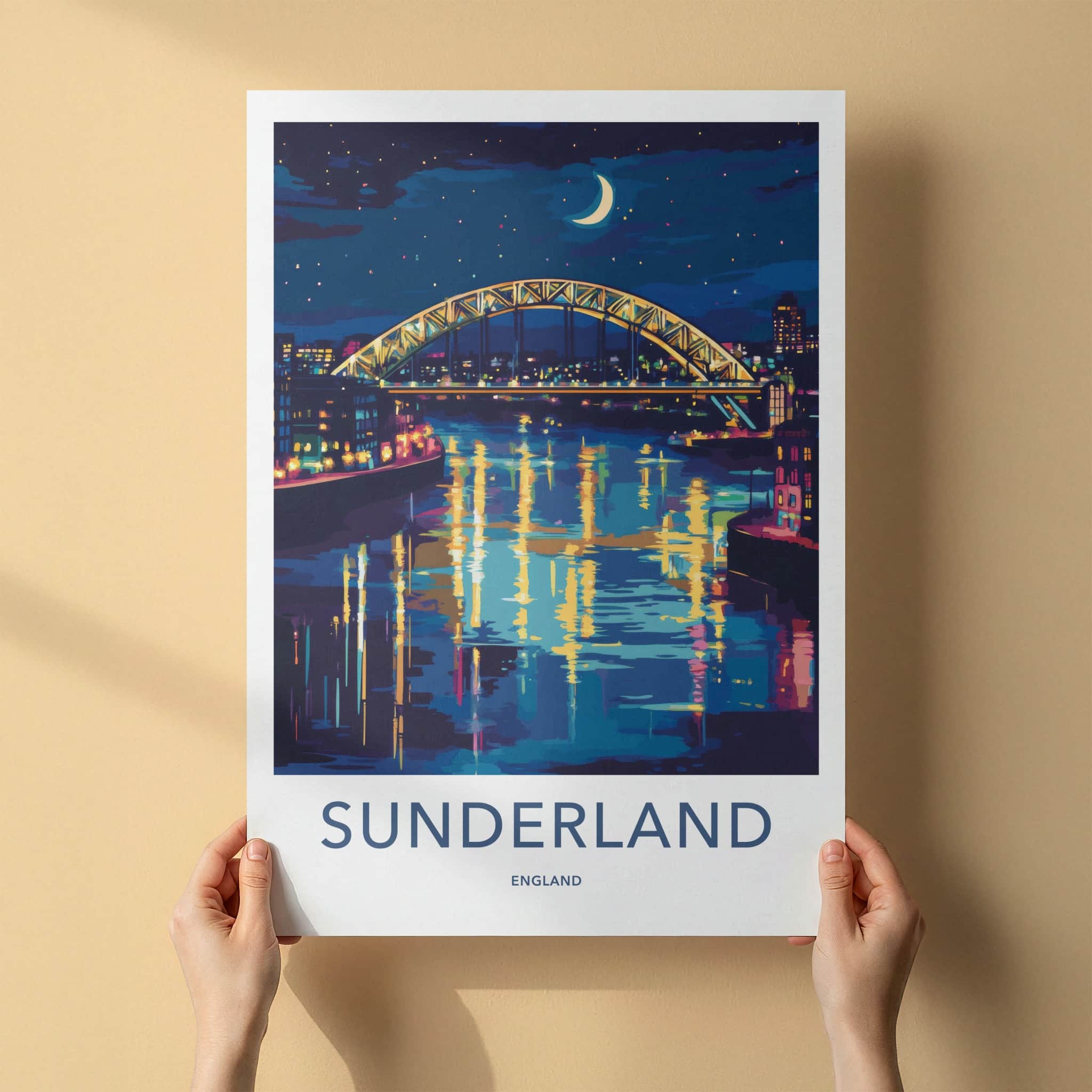 Sunderland Poster - England Wall Art - Illuminated Bridge Reflection Home Decor