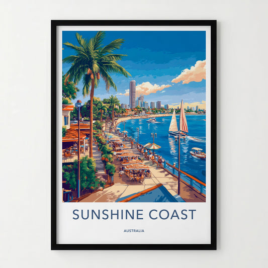 Sunshine Coast Poster - Australia Travel Art - Tropical Coastal Waterfront Wall Decor