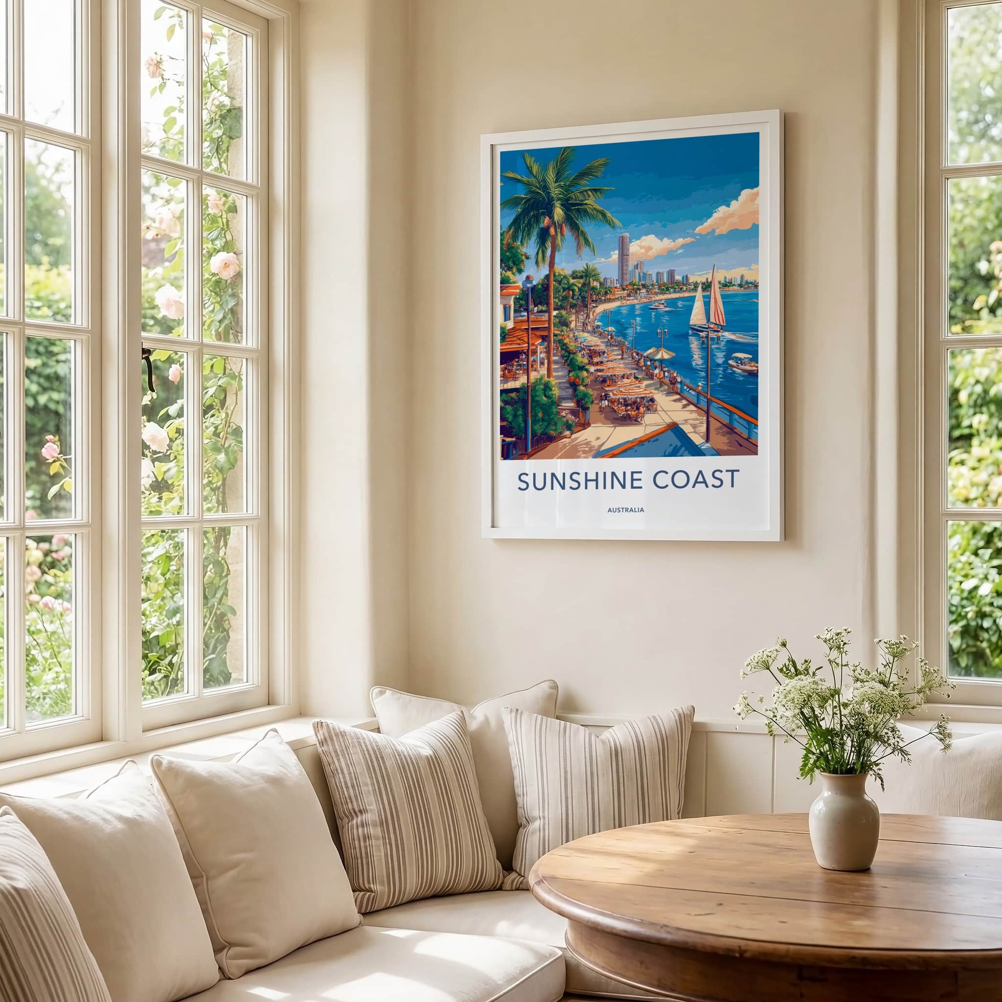 Sunshine Coast Poster - Australia Travel Art - Tropical Coastal Waterfront Wall Decor