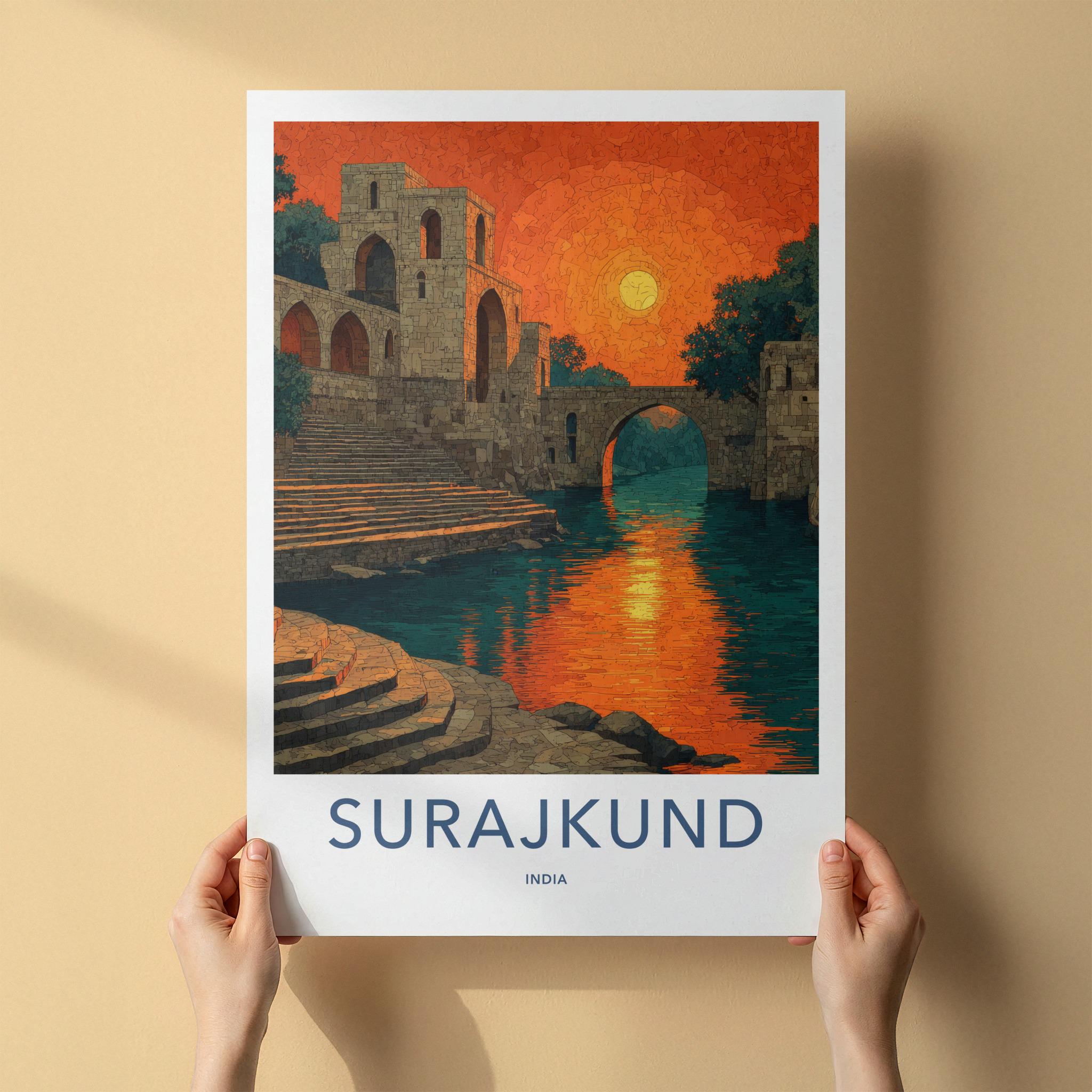 Surajkund Poster - India Travel Art - Haryana Orange Sky Reflection Home Decor