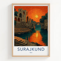 Surajkund Poster - India Travel Art - Haryana Orange Sky Reflection Home Decor