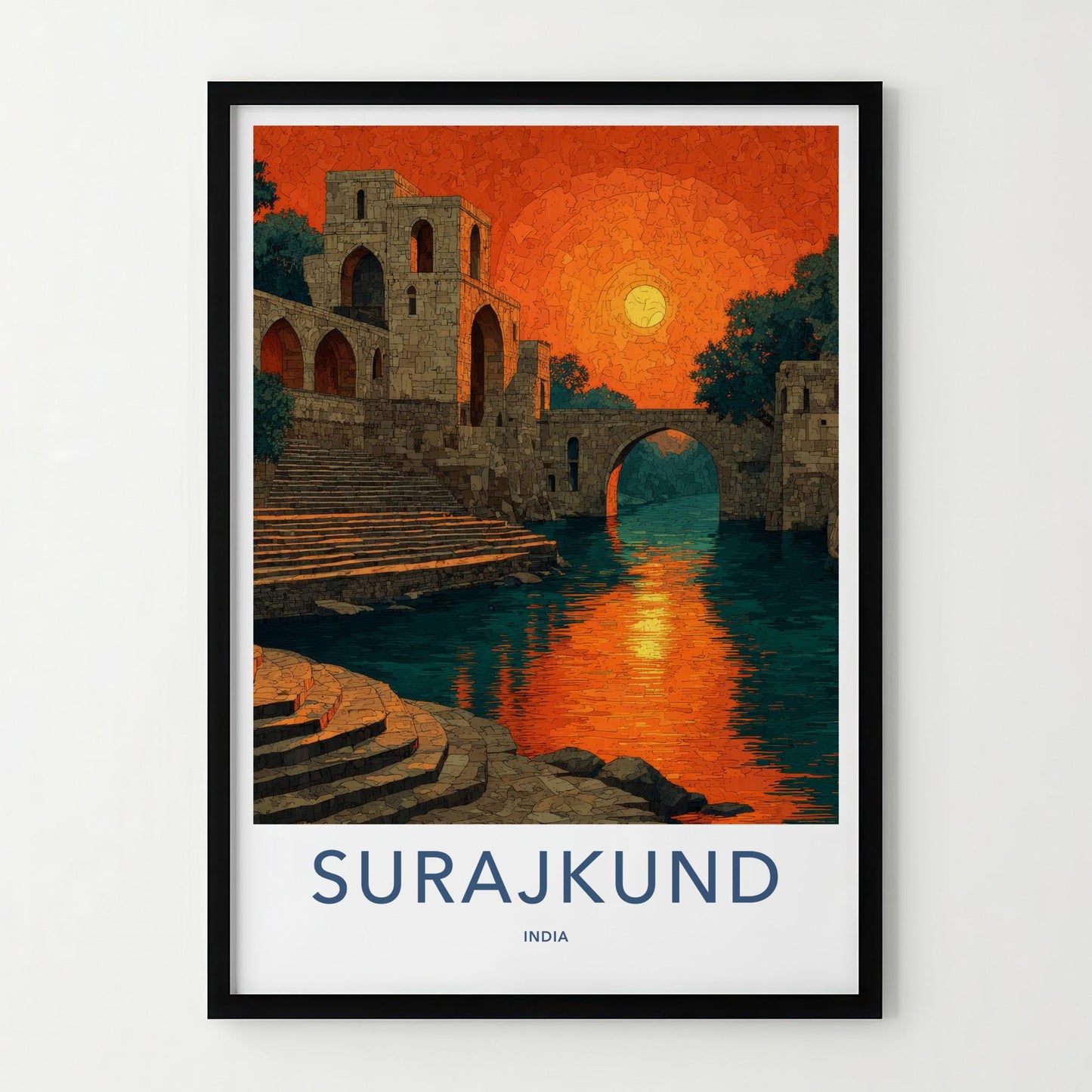 Surajkund Poster - India Travel Art - Haryana Orange Sky Reflection Home Decor