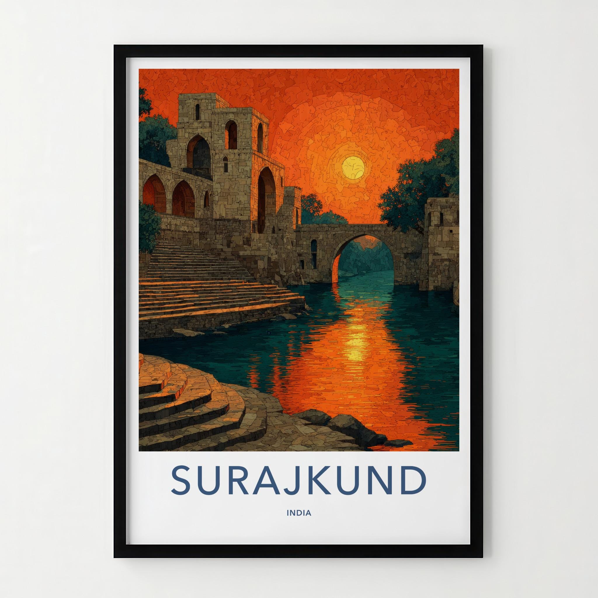 Surajkund Poster - India Travel Art - Haryana Orange Sky Reflection Home Decor