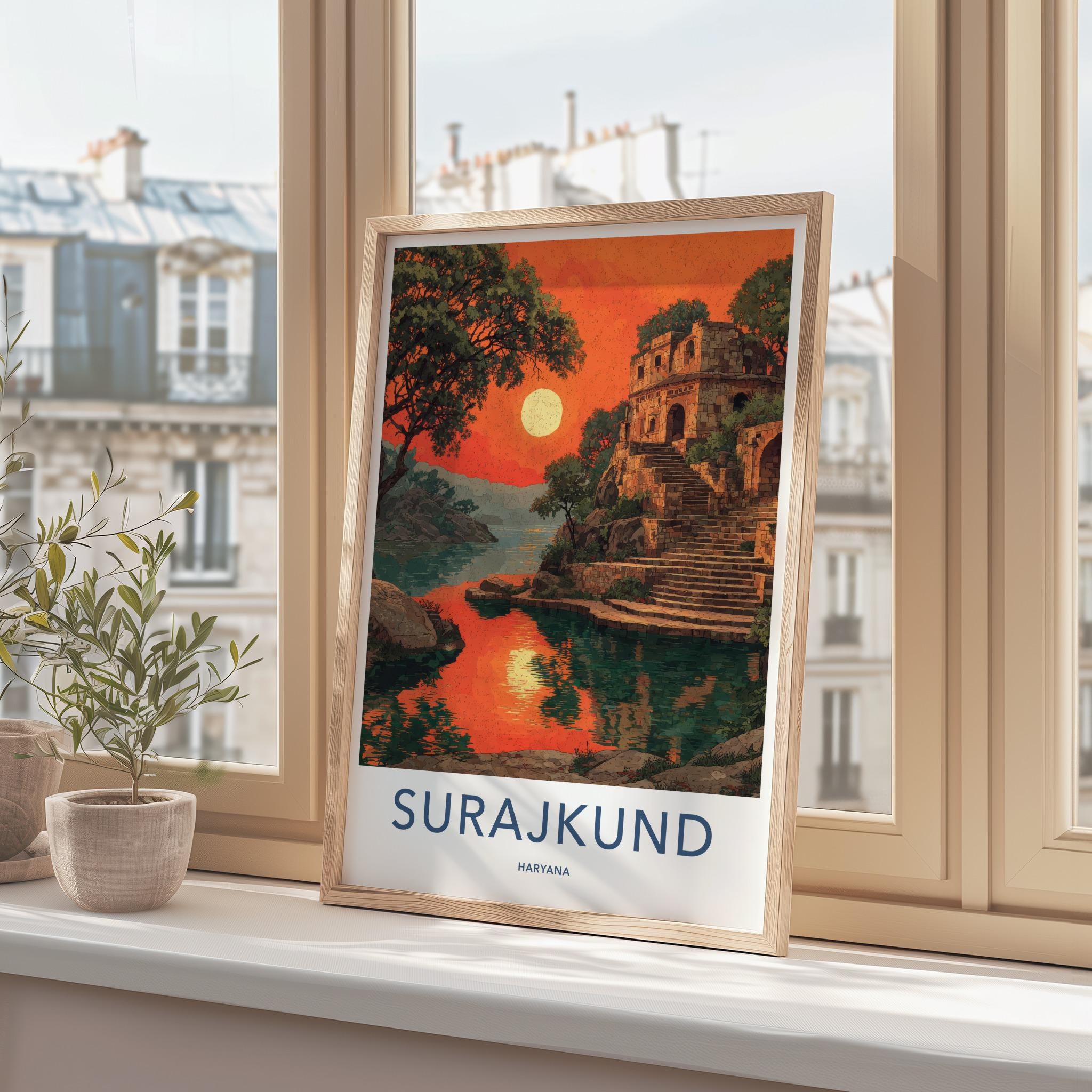 Surajkund Poster - India Travel Art - Haryana Stone Structure Lake Home Decor