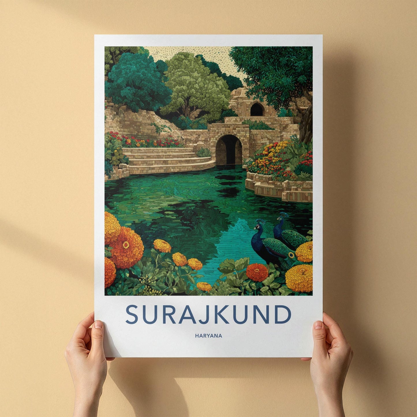 Surajkund Poster - India Travel Print - Haryana Peacocks Stepwell Wall Decor