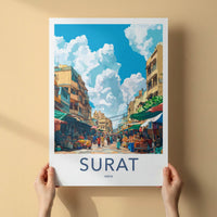 Surat Poster - India Travel Art - Gujarat Bustling Market Scene Home Decor