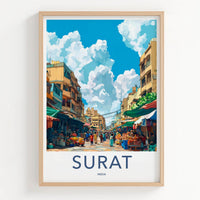 Surat Poster - India Travel Art - Gujarat Bustling Market Scene Home Decor