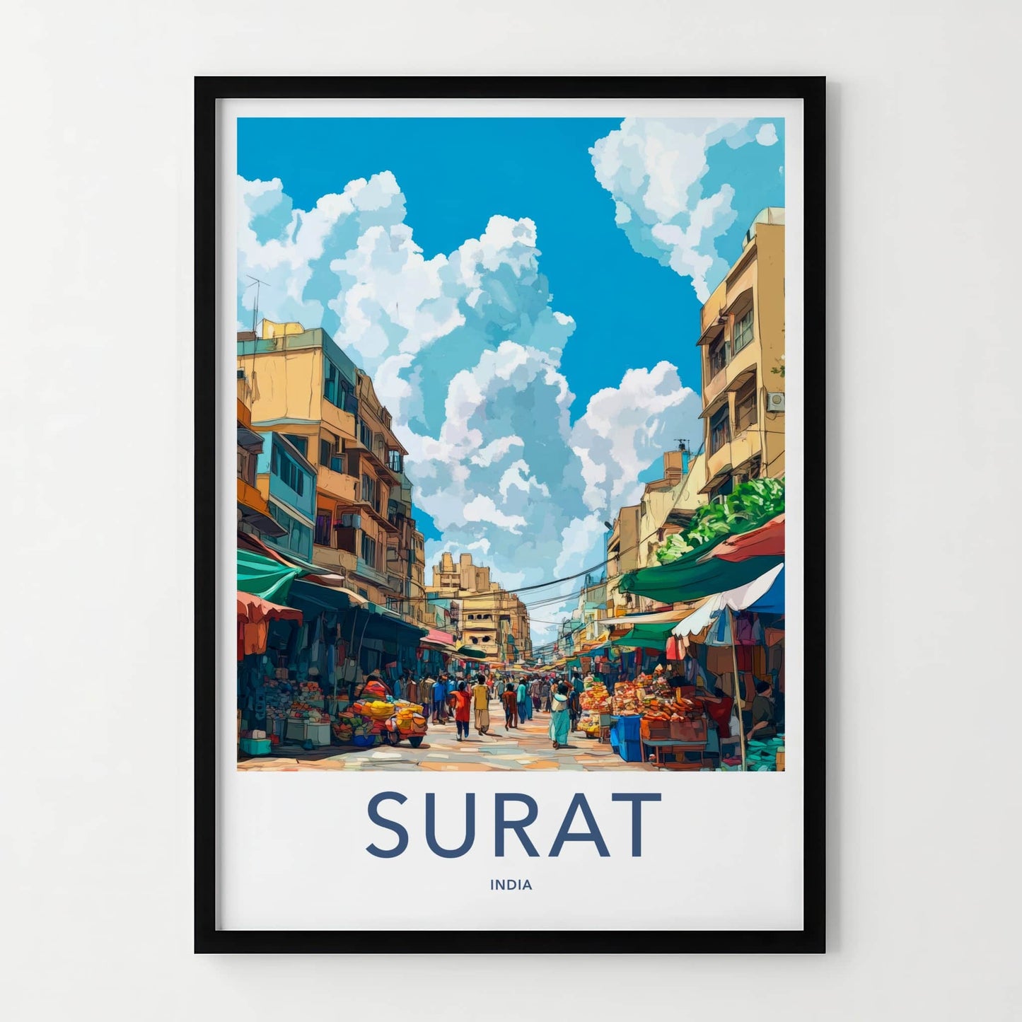 Surat Poster - India Travel Art - Gujarat Bustling Market Scene Home Decor