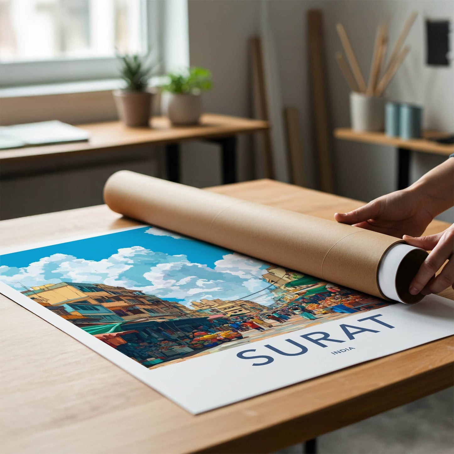 Surat Poster - India Travel Art - Gujarat Bustling Market Scene Home Decor
