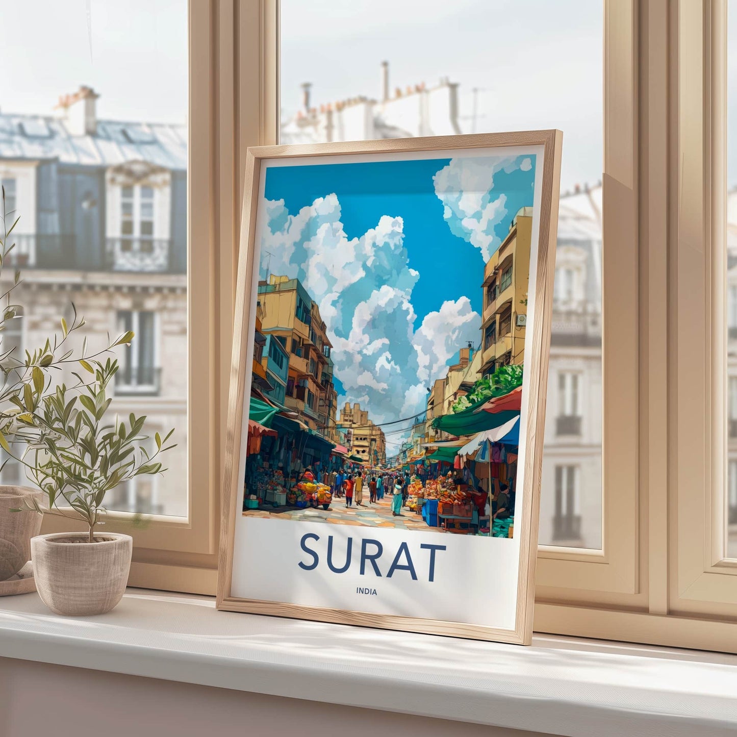 Surat Poster - India Travel Art - Gujarat Bustling Market Scene Home Decor