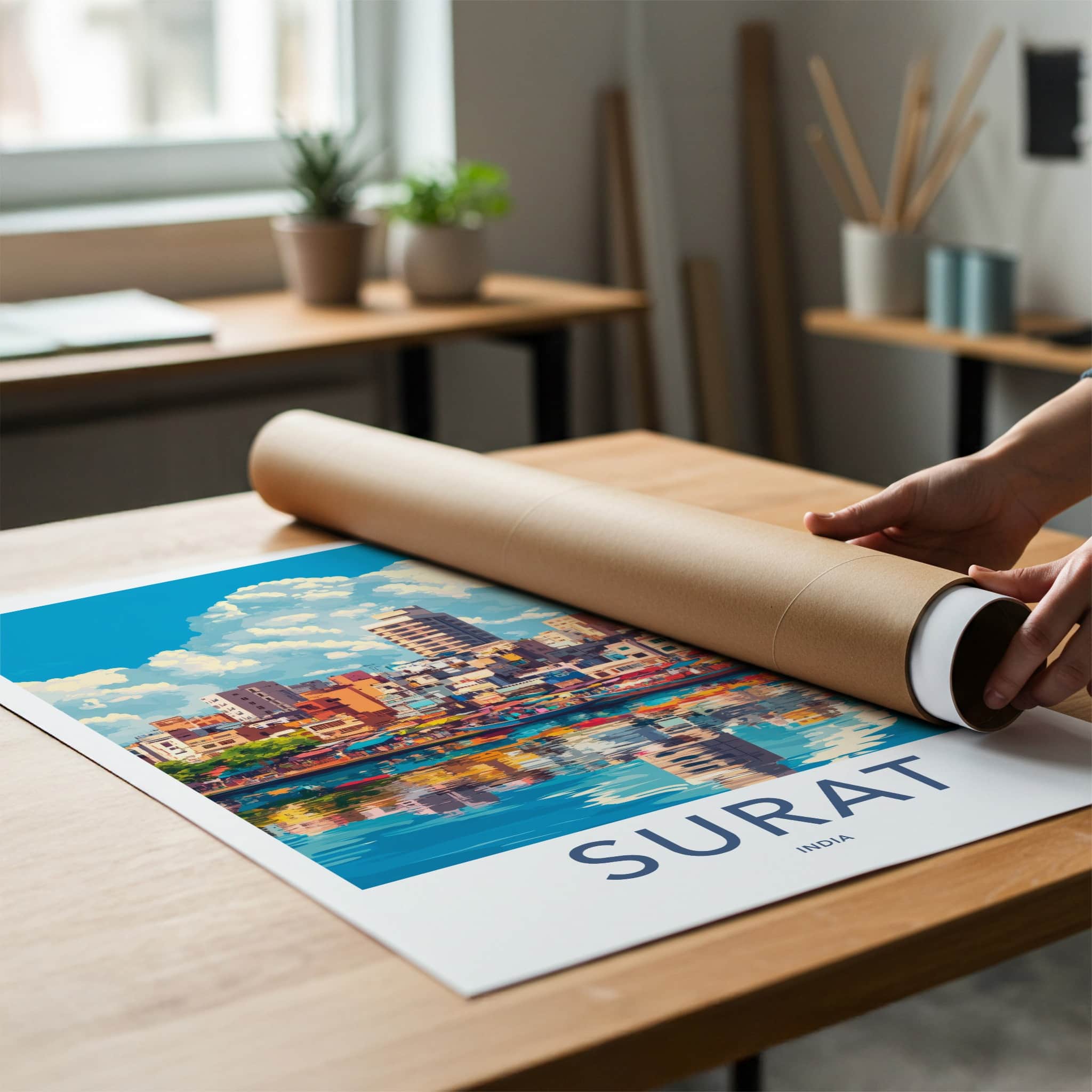 Surat Poster - India Travel Art - Gujarat Colorful Riverfront Scene Home Decor