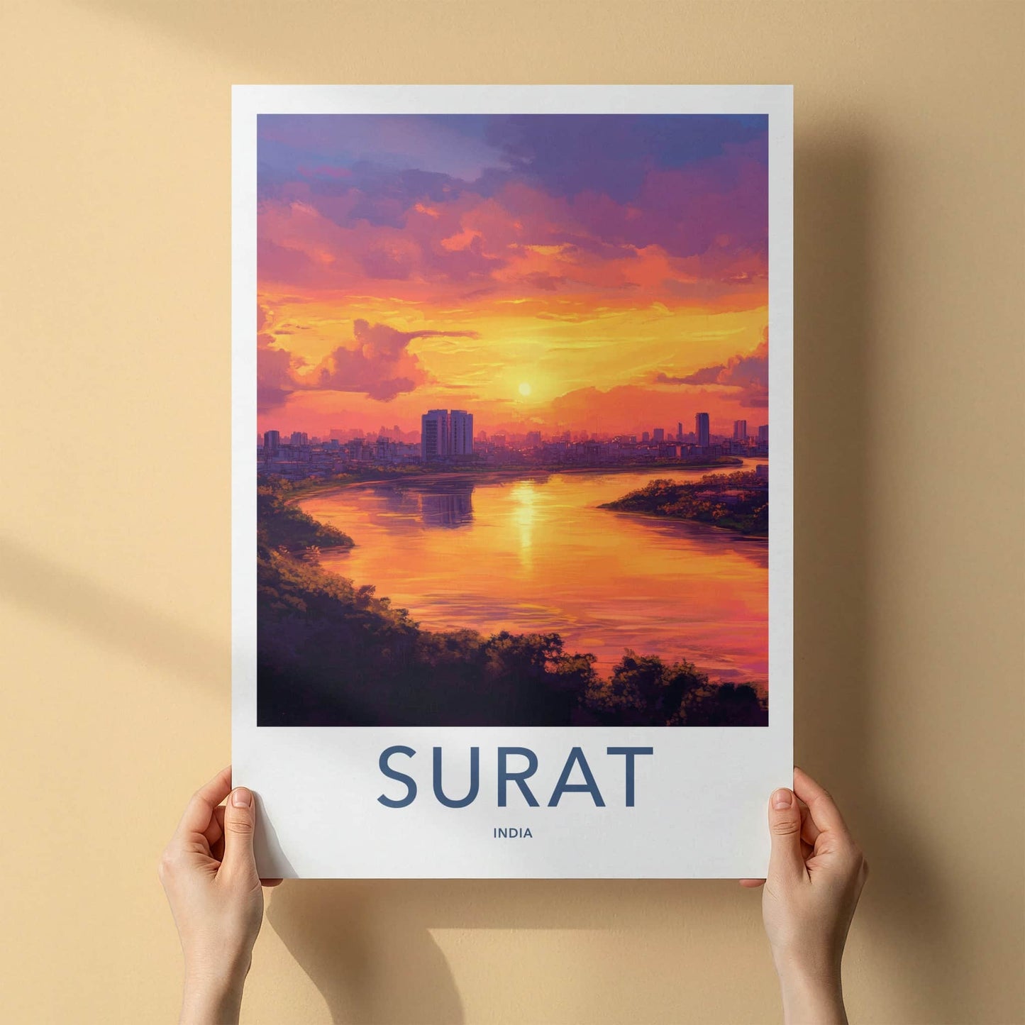 Surat Poster - India Travel Art - Gujarat Vibrant River Sunset Home Decor