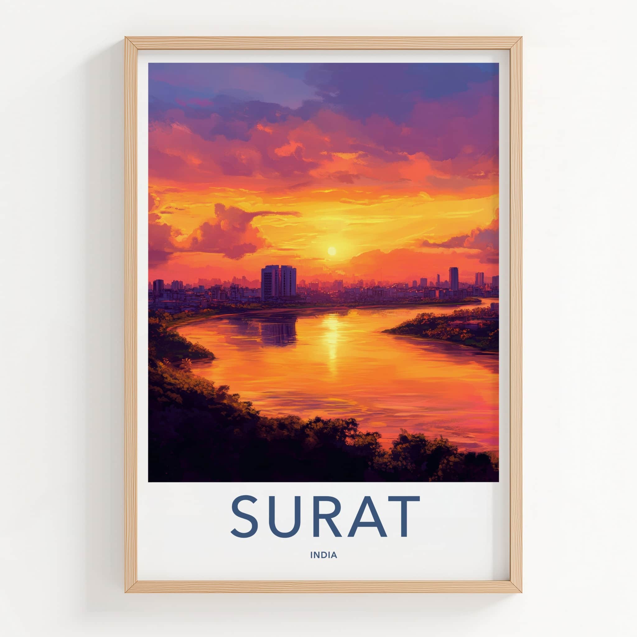 Surat Poster - India Travel Art - Gujarat Vibrant River Sunset Home Decor