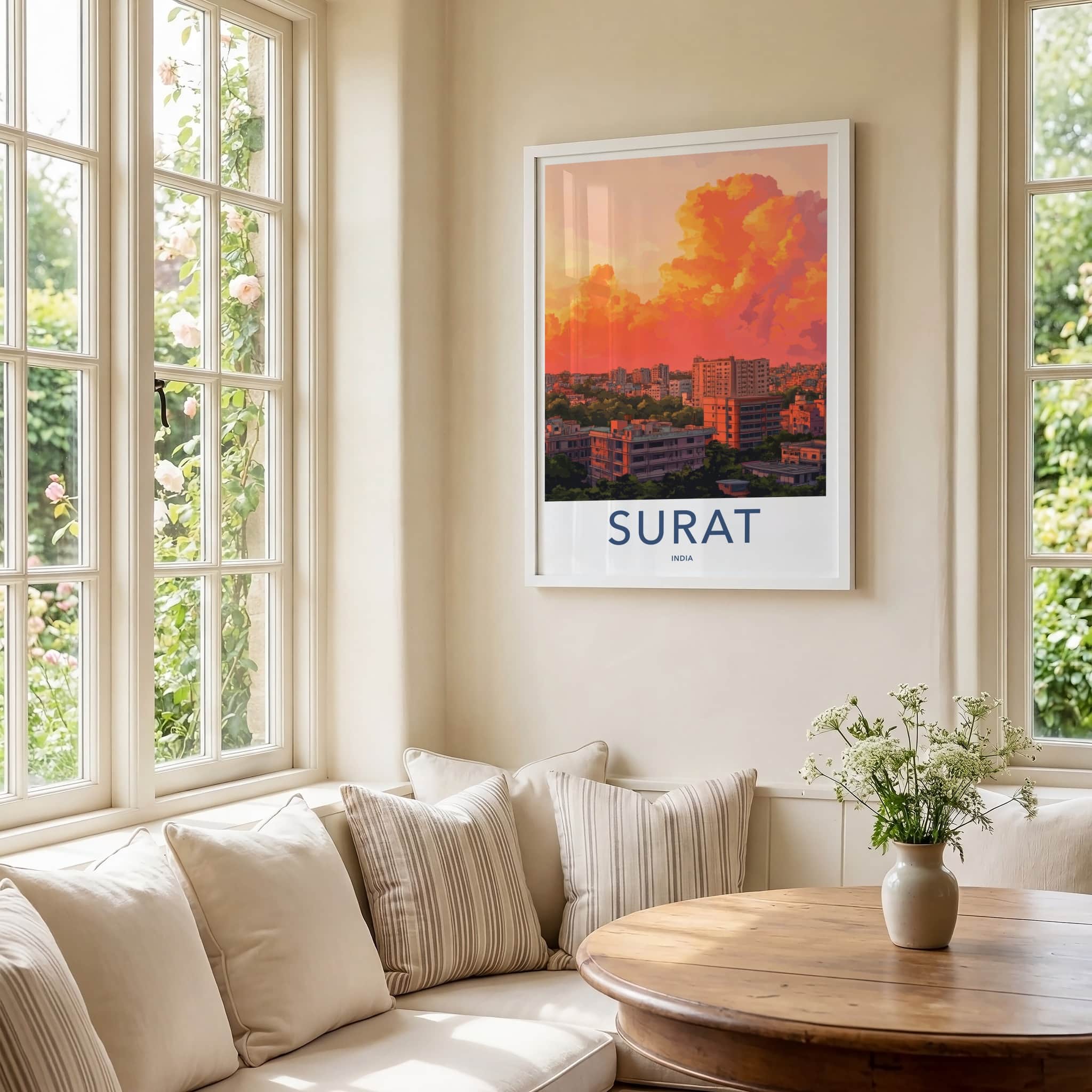 Surat Poster - India Travel Art - Gujarat Vibrant Sunset Skyline Home Decor