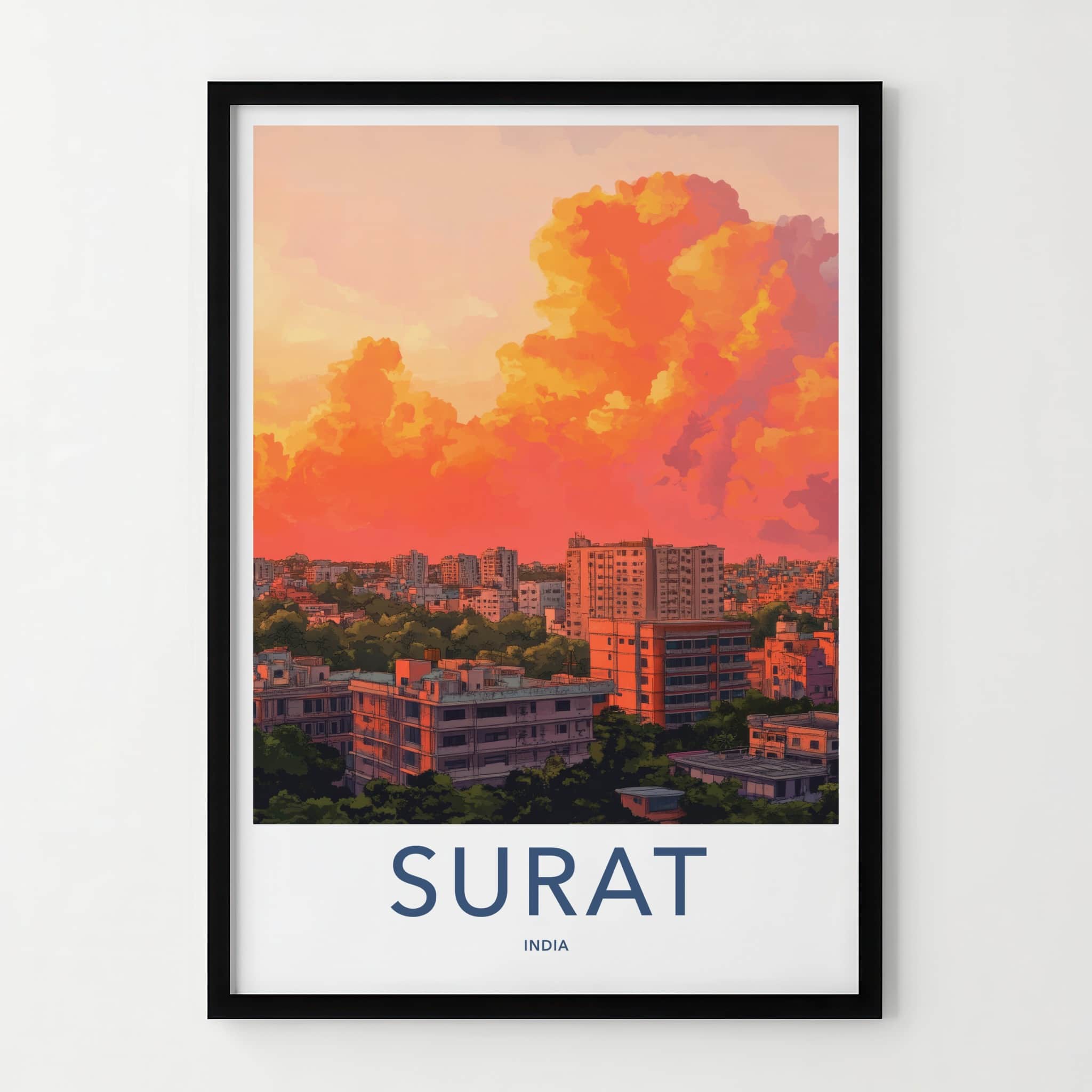Surat Poster - India Travel Art - Gujarat Vibrant Sunset Skyline Home Decor