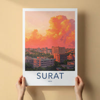 Surat Poster - India Travel Art - Gujarat Vibrant Sunset Skyline Home Decor