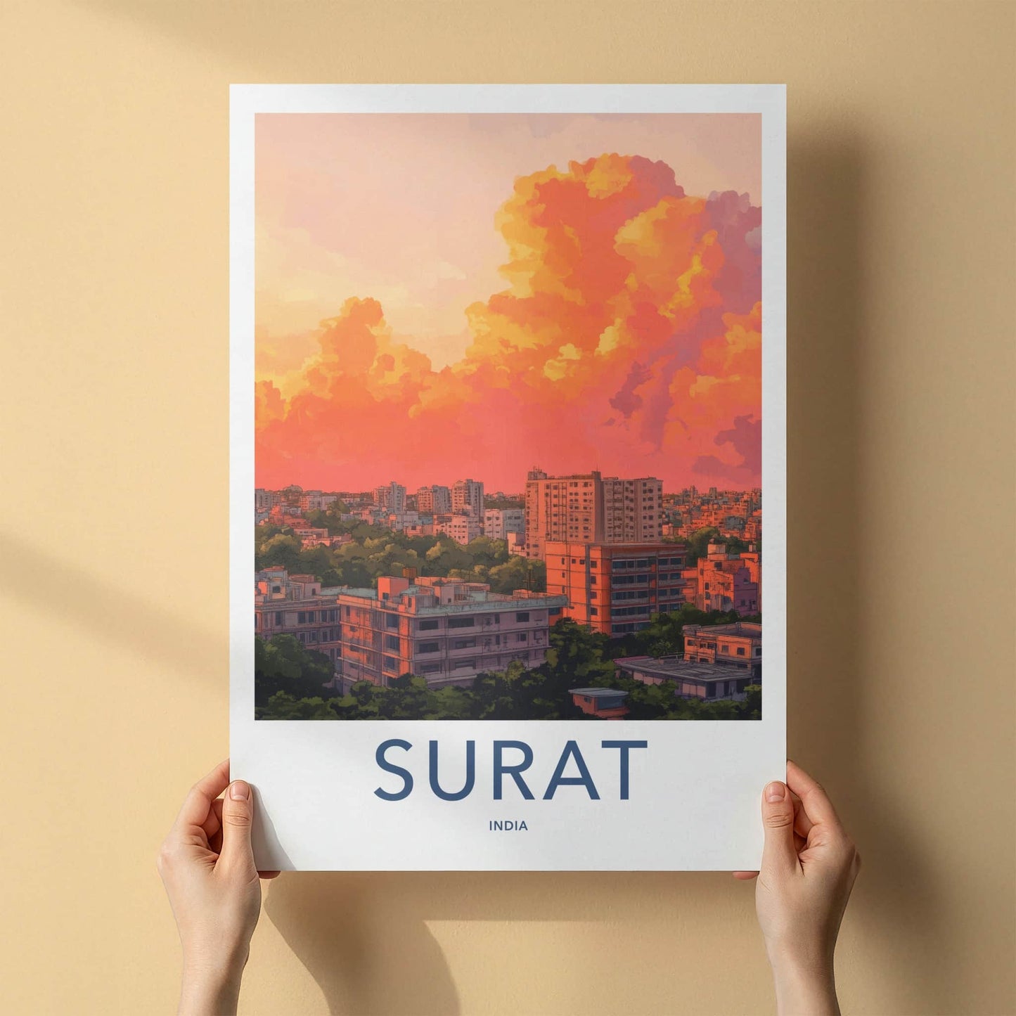 Surat Poster - India Travel Art - Gujarat Vibrant Sunset Skyline Home Decor