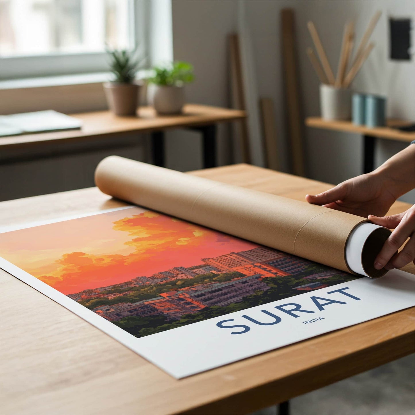 Surat Poster - India Travel Art - Gujarat Vibrant Sunset Skyline Home Decor