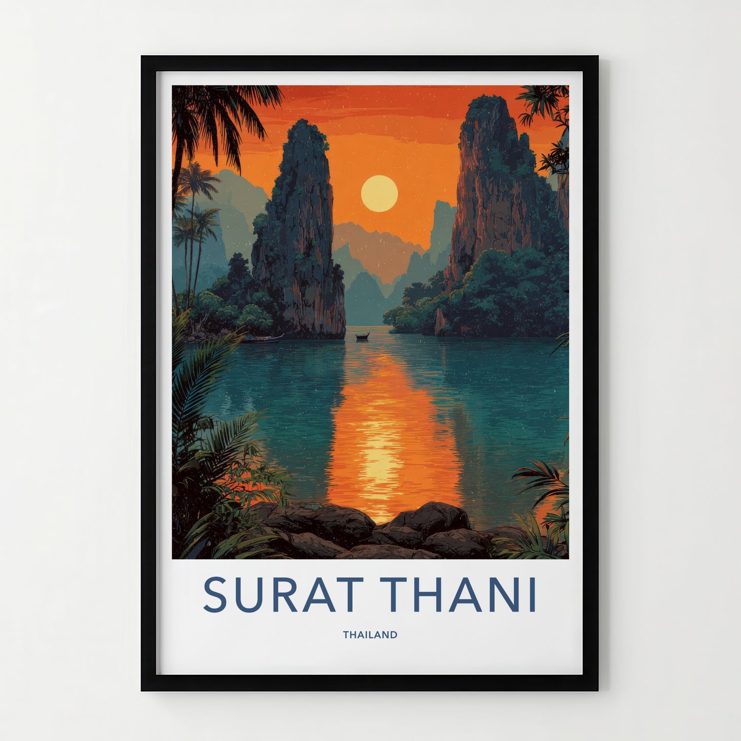 Surat Thani Poster - Thailand Travel Art - Sunset River Boat Home Decor