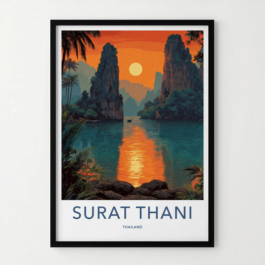 Surat Thani Poster - Thailand Travel Art - Sunset River Boat Home Decor
