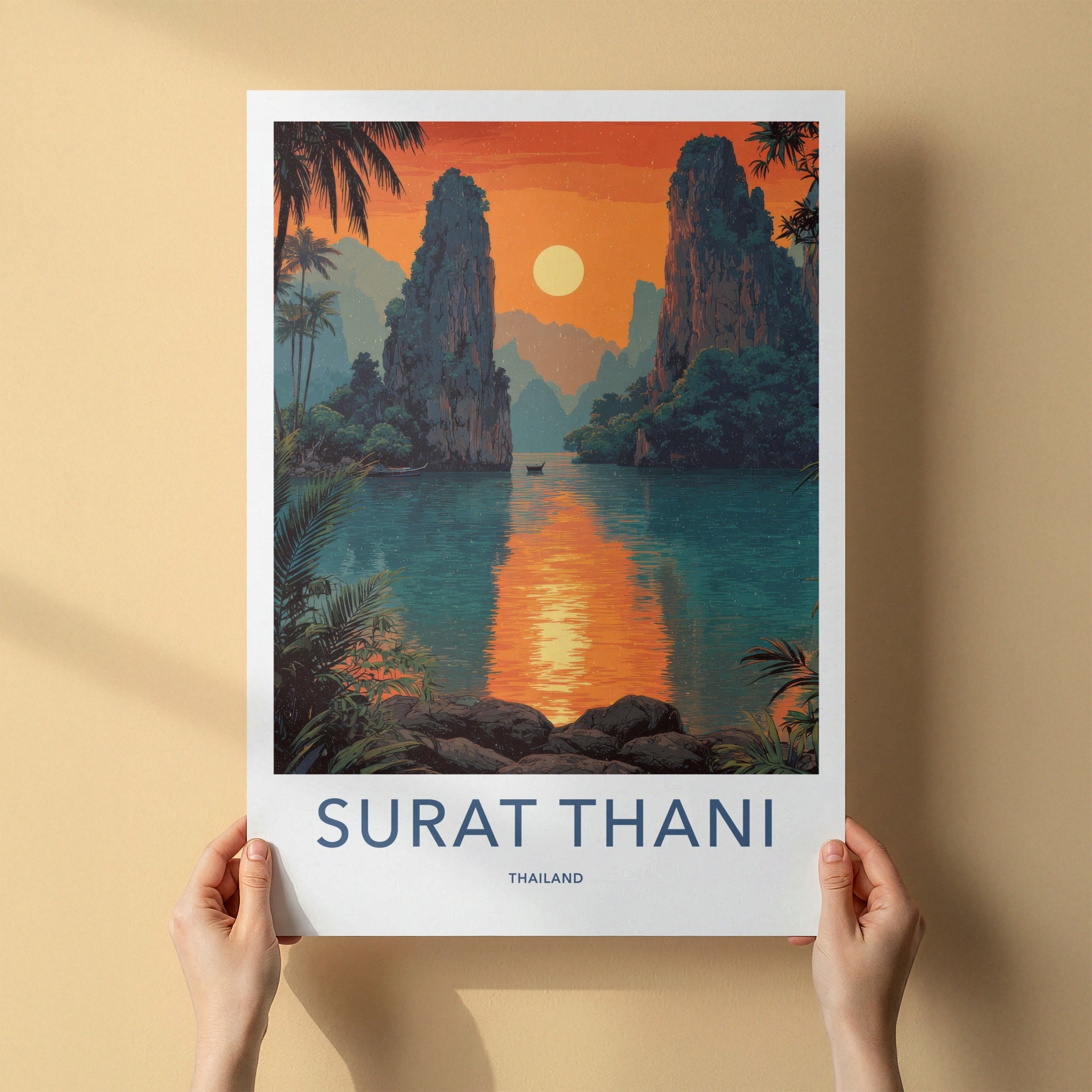 Surat Thani Poster - Thailand Travel Art - Sunset River Boat Home Decor