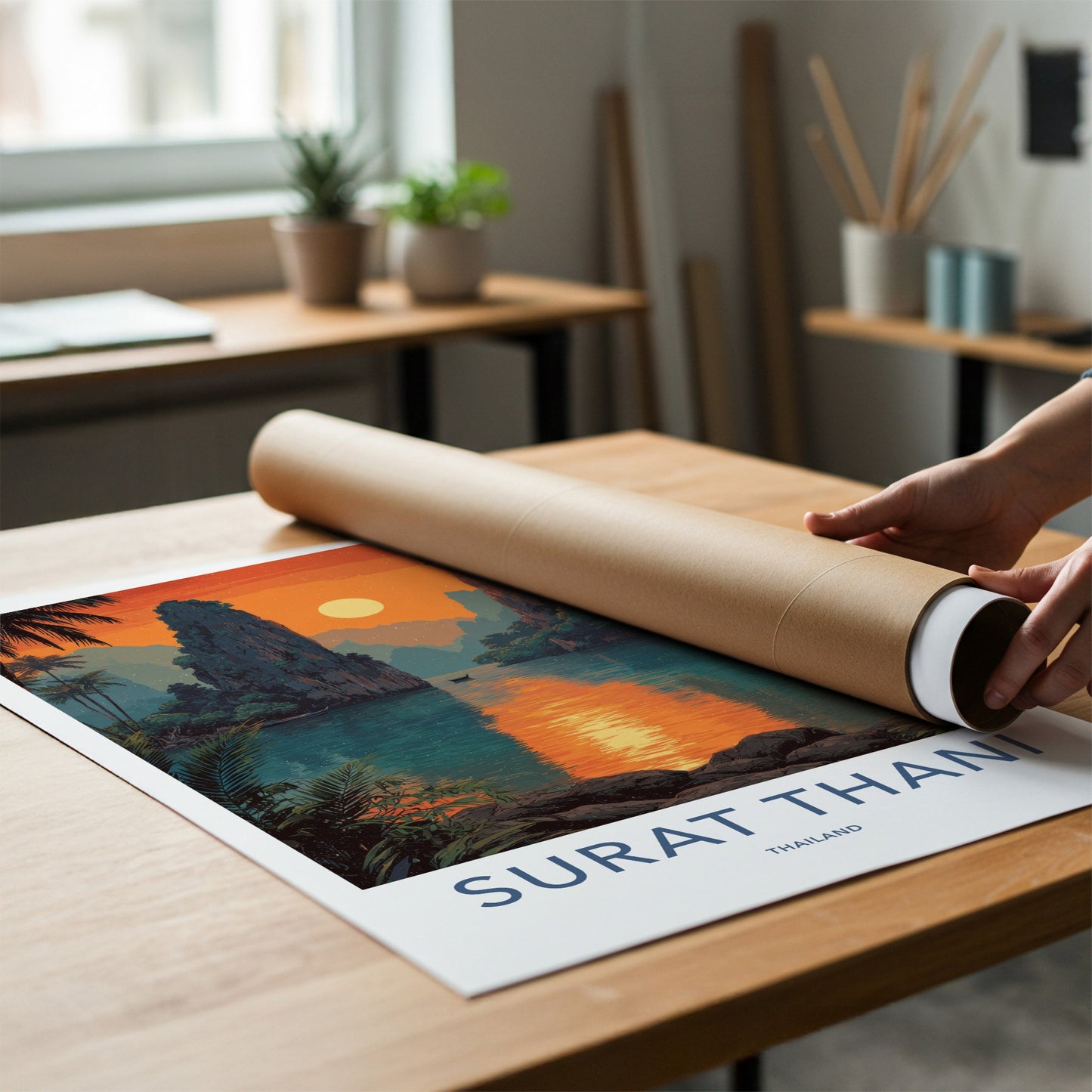 Surat Thani Poster - Thailand Travel Art - Sunset River Boat Home Decor
