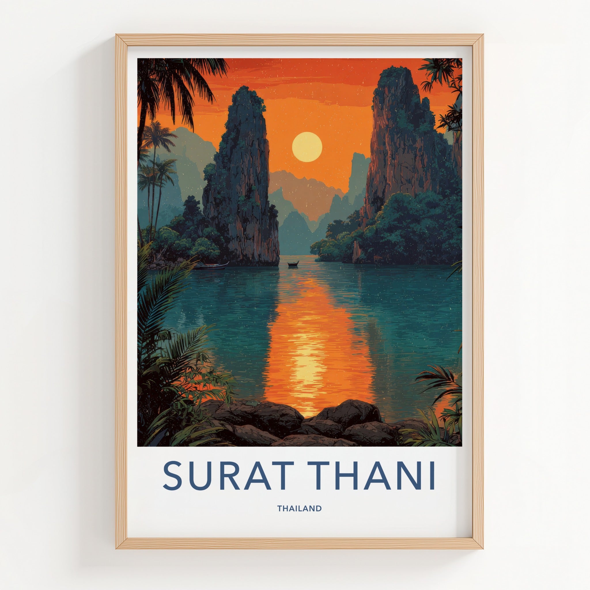 Surat Thani Poster - Thailand Travel Art - Sunset River Boat Home Decor