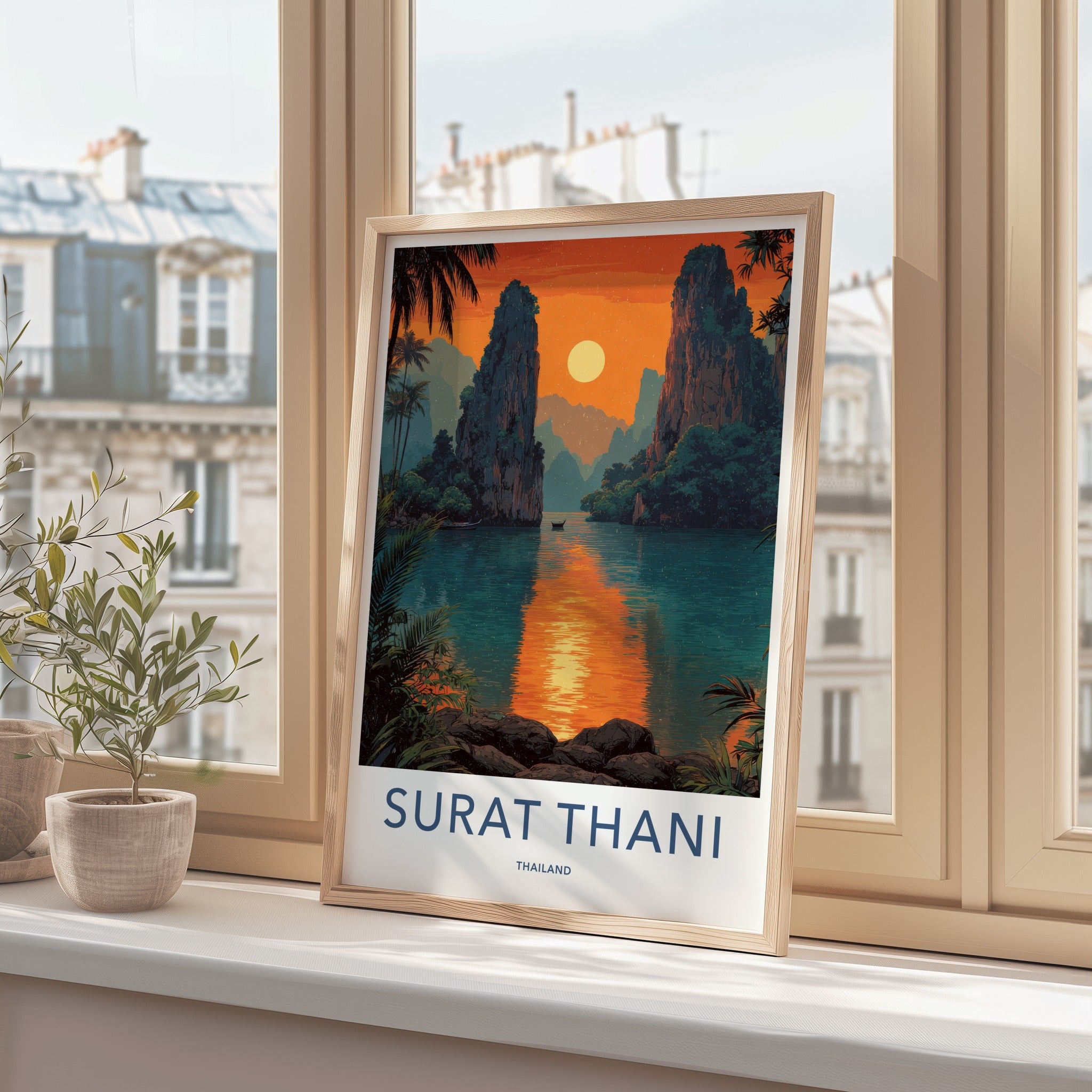 Surat Thani Poster - Thailand Travel Art - Sunset River Boat Home Decor