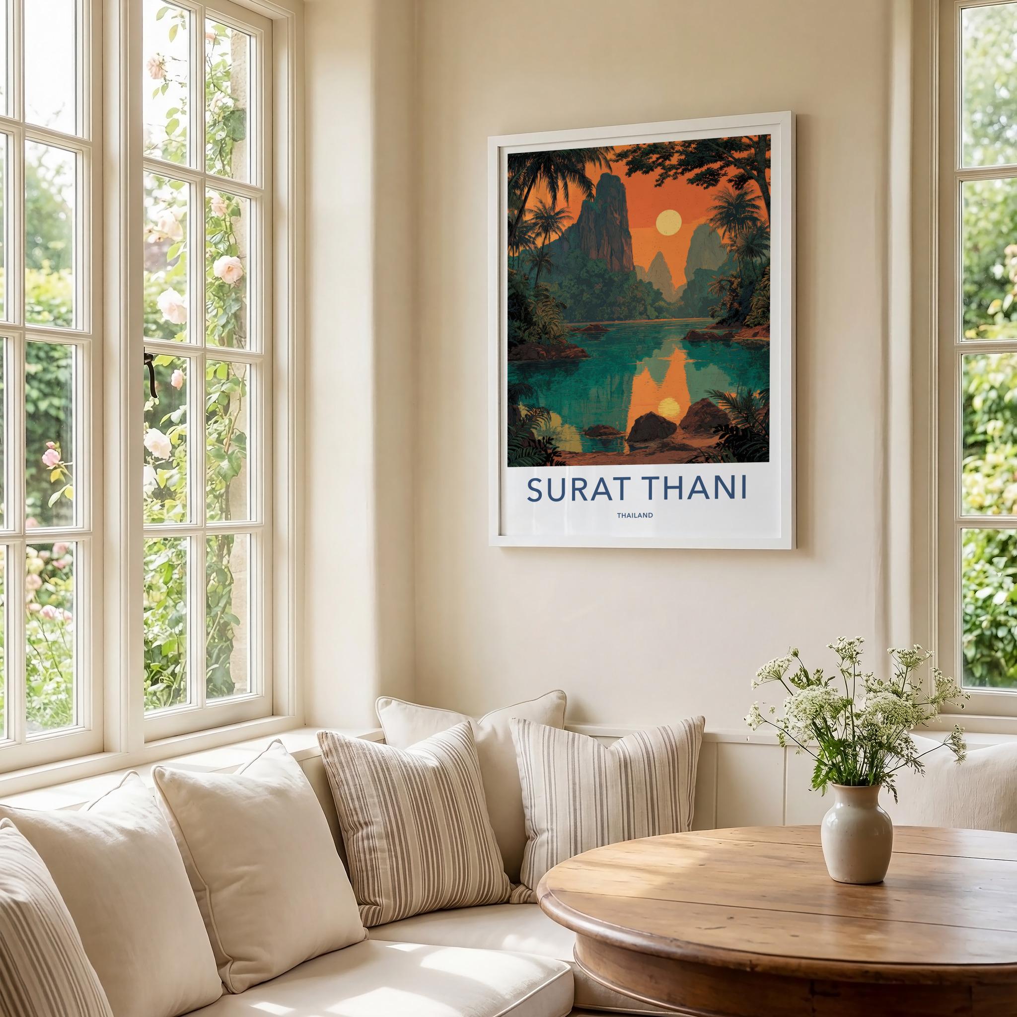 Surat Thani Poster - Thailand Travel Art - Tropical Sunset Lake Home Decor