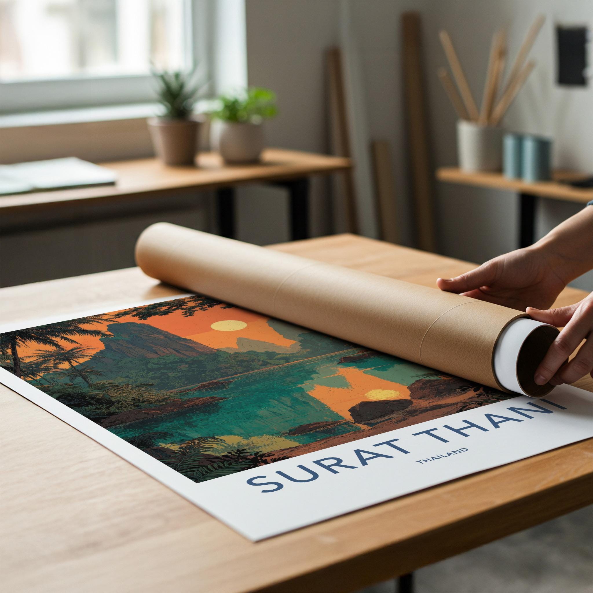 Surat Thani Poster - Thailand Travel Art - Tropical Sunset Lake Home Decor
