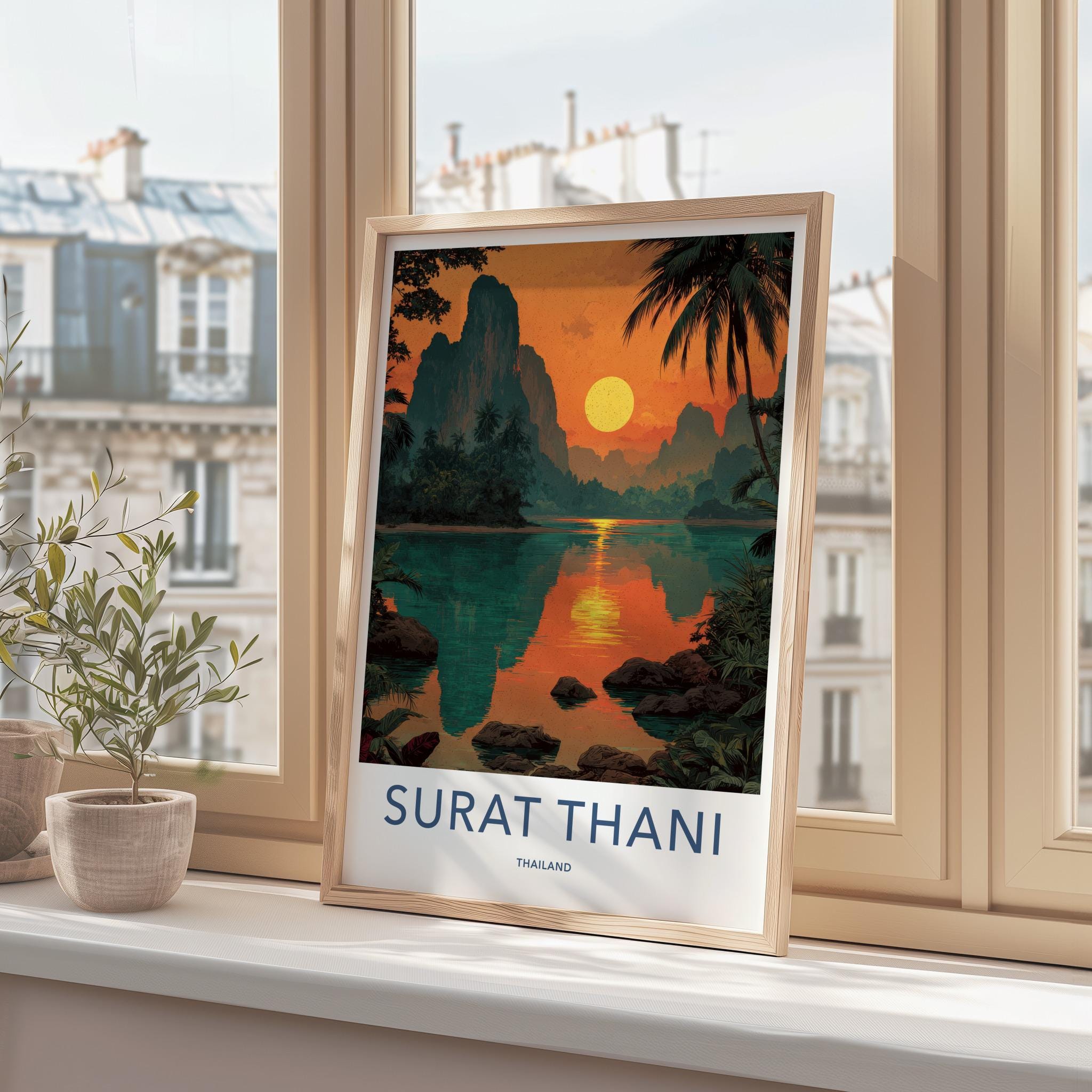 Surat Thani Poster - Thailand Travel Art - Vibrant Sunset Reflections Home Decor