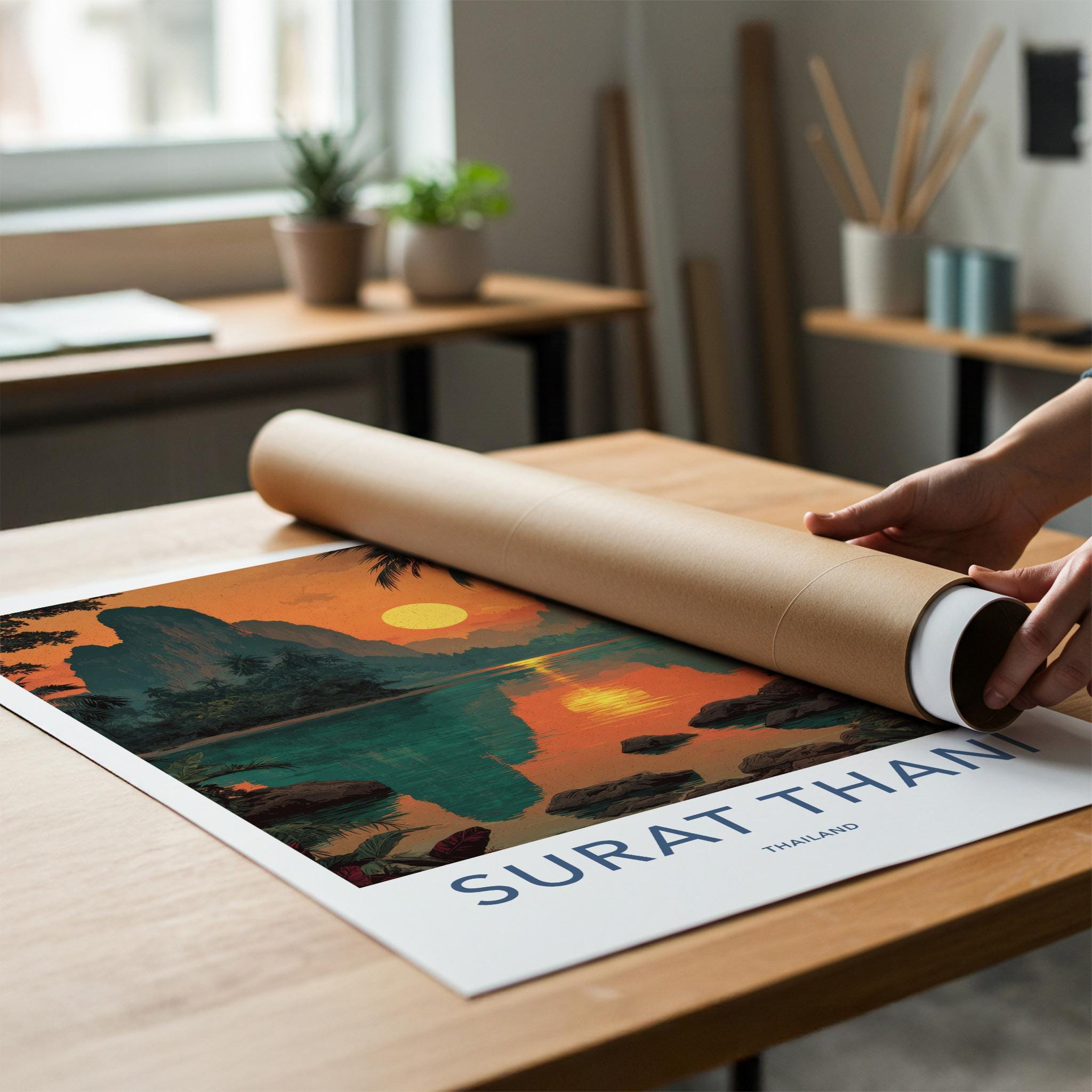 Surat Thani Poster - Thailand Travel Art - Vibrant Sunset Reflections Home Decor