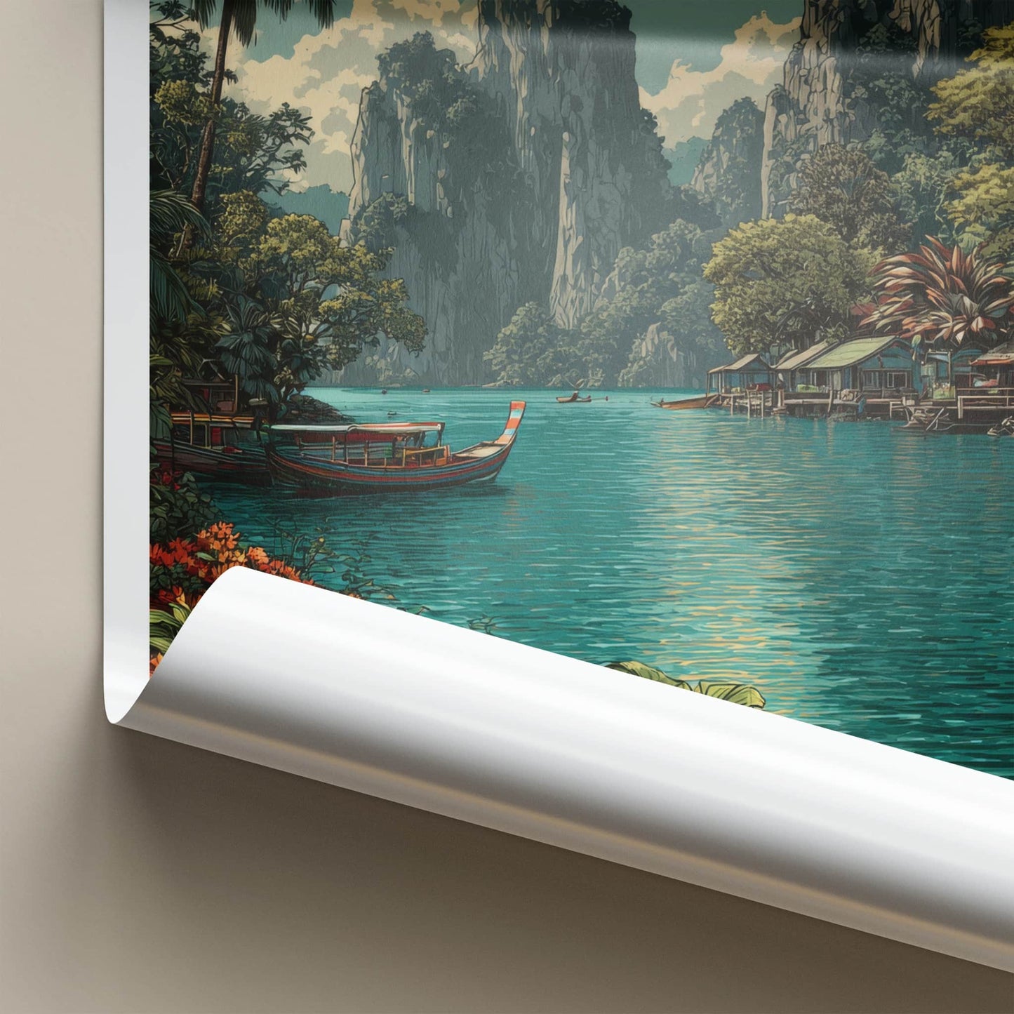 SURAT THANI Poster - Thailand Travel Print - Boats River Huts Lounge Decor