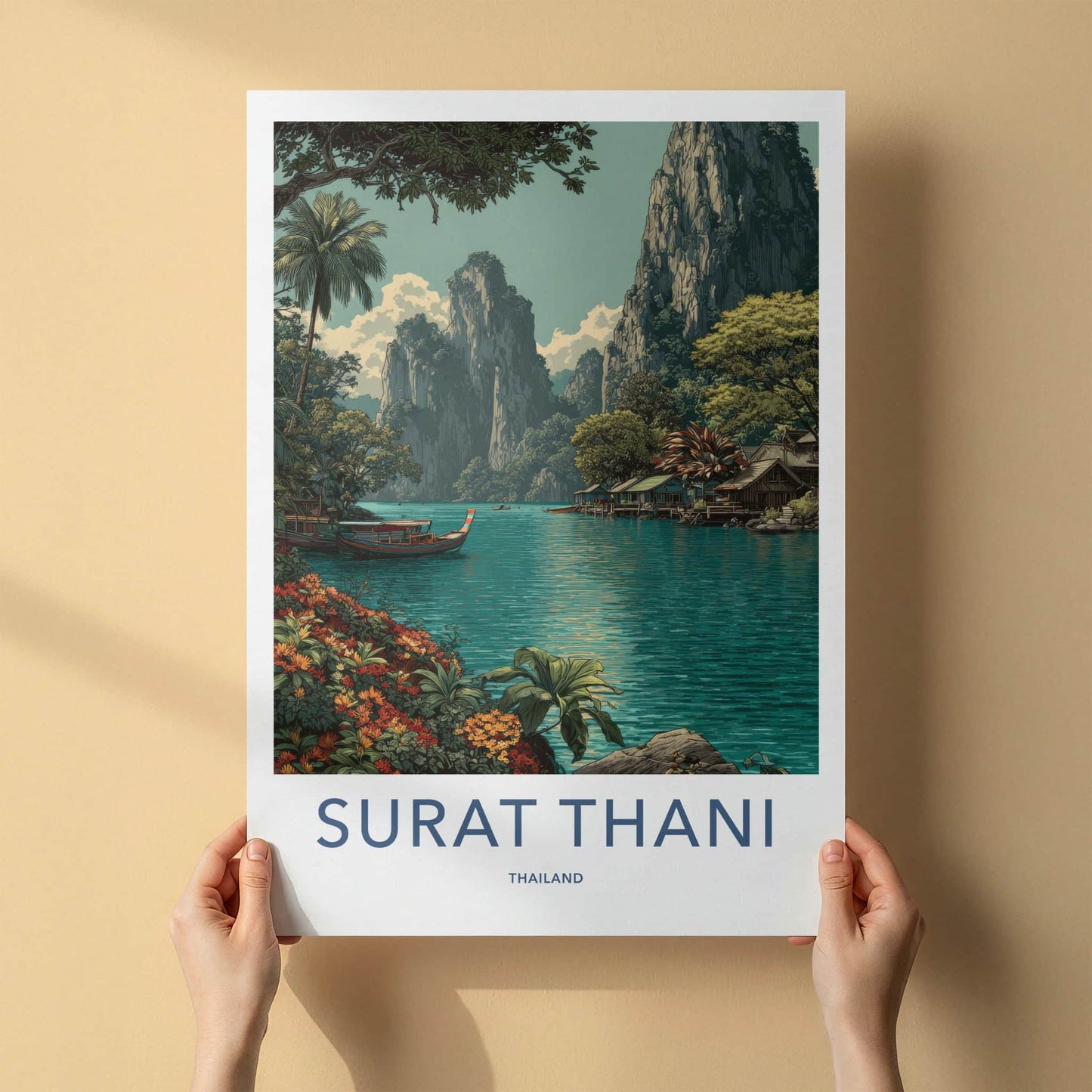 SURAT THANI Poster - Thailand Travel Print - Boats River Huts Lounge Decor