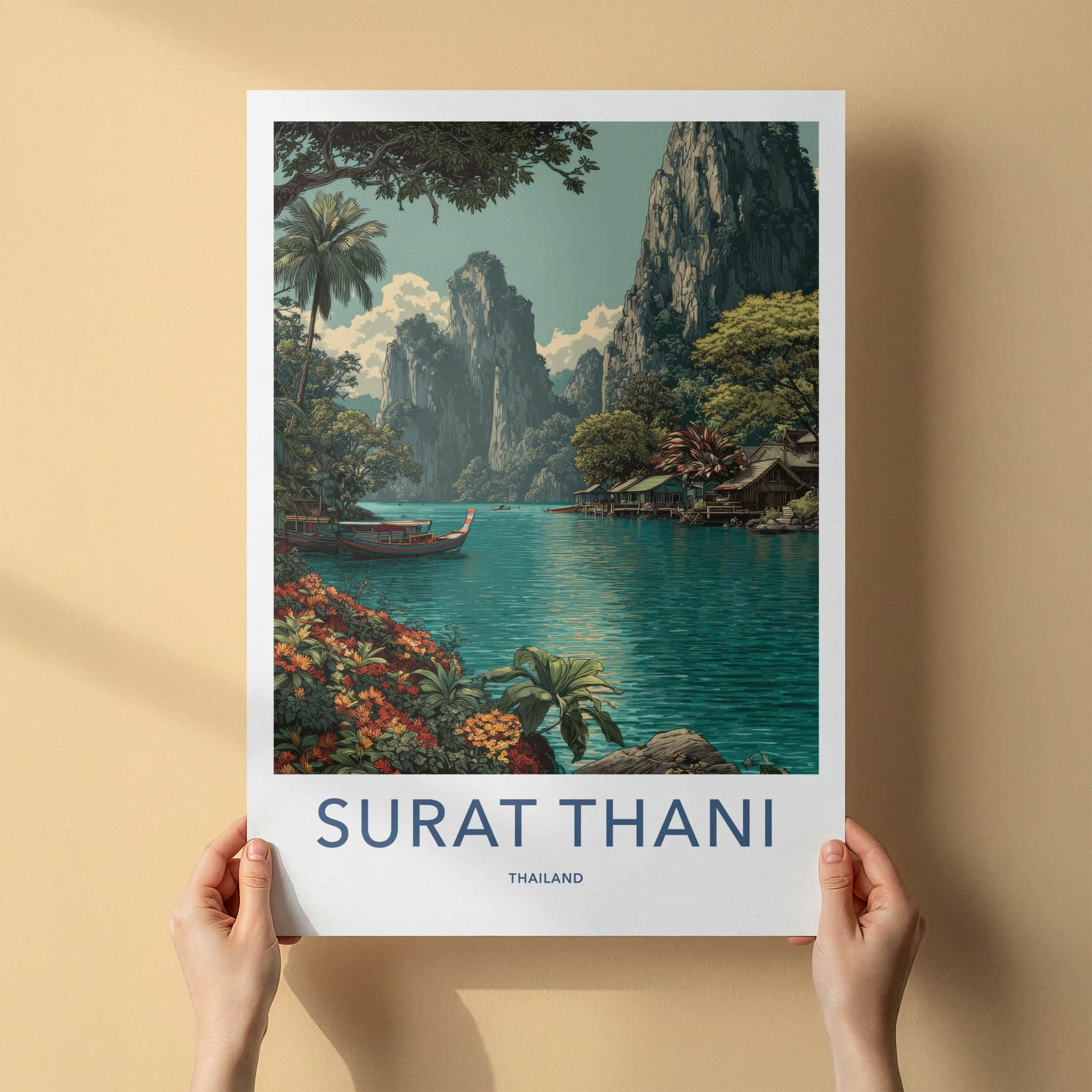 SURAT THANI Poster - Thailand Travel Print - Boats River Huts Lounge Decor