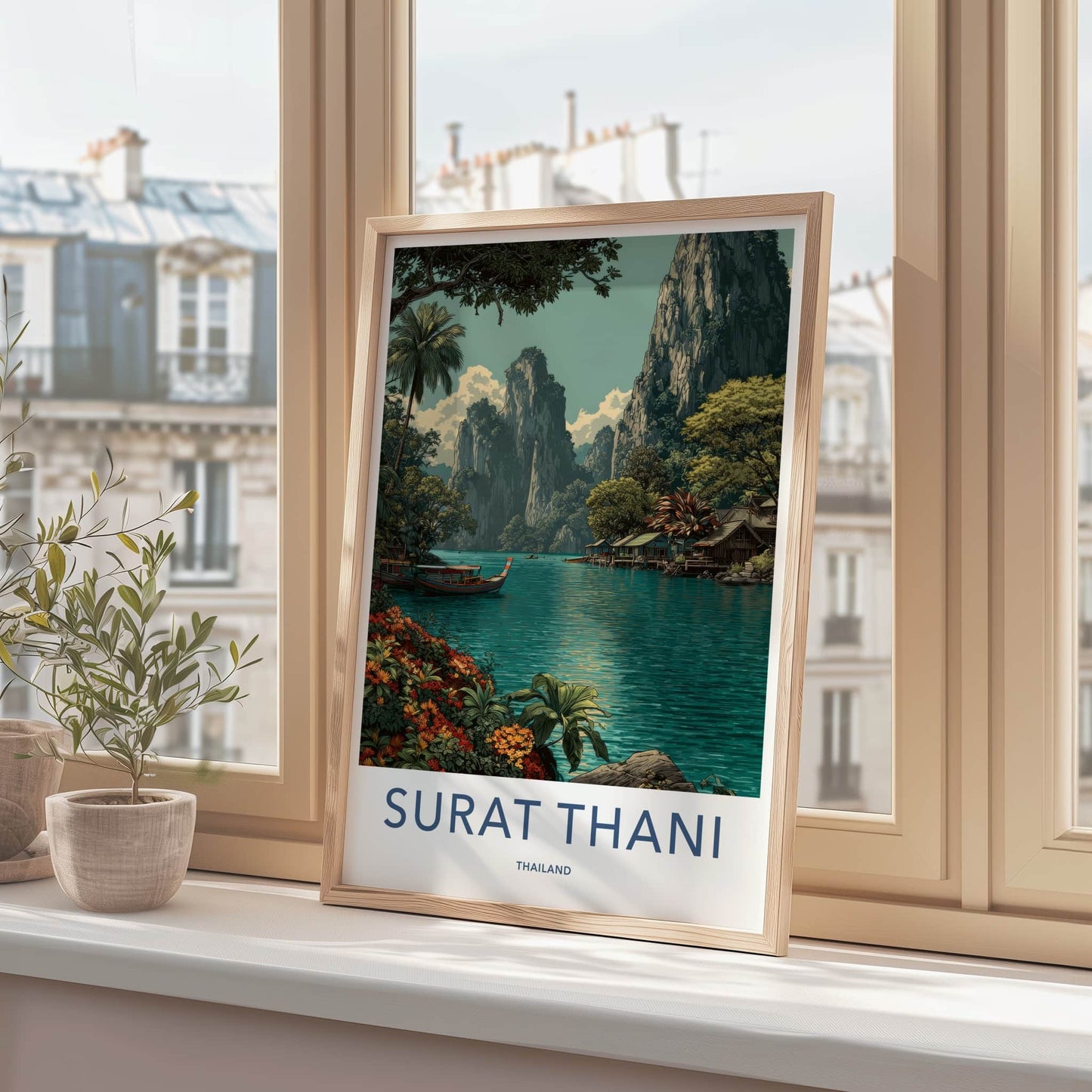 SURAT THANI Poster - Thailand Travel Print - Boats River Huts Lounge Decor