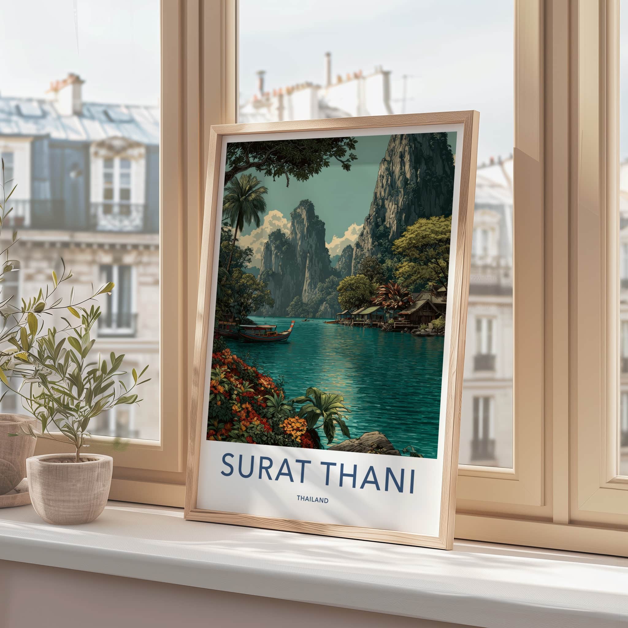 SURAT THANI Poster - Thailand Travel Print - Boats River Huts Lounge Decor