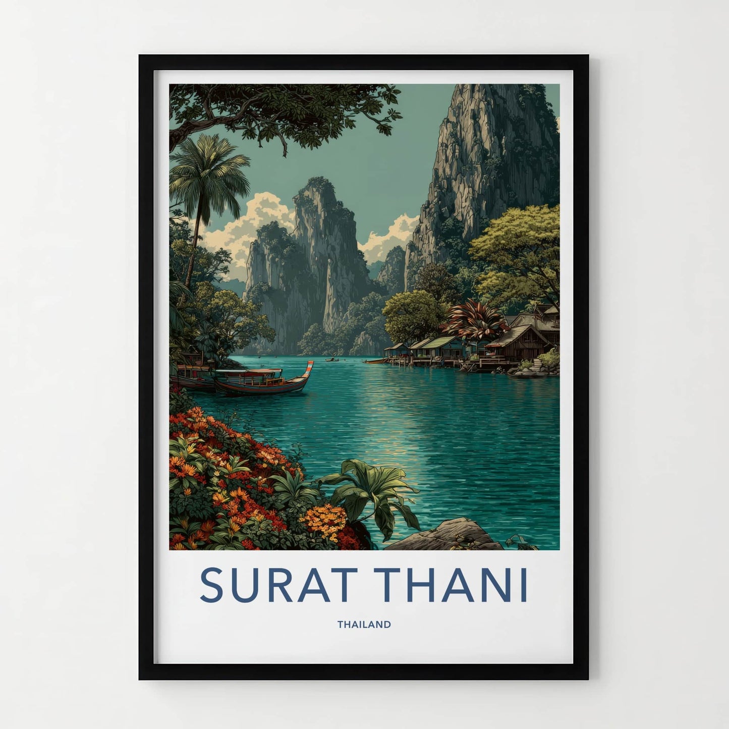 SURAT THANI Poster - Thailand Travel Print - Boats River Huts Lounge Decor