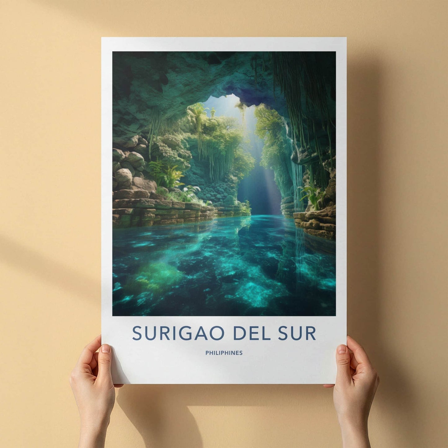 Surigao Del Sur Poster - Philippines Travel Art - Sunlit Cave Water Home Decor