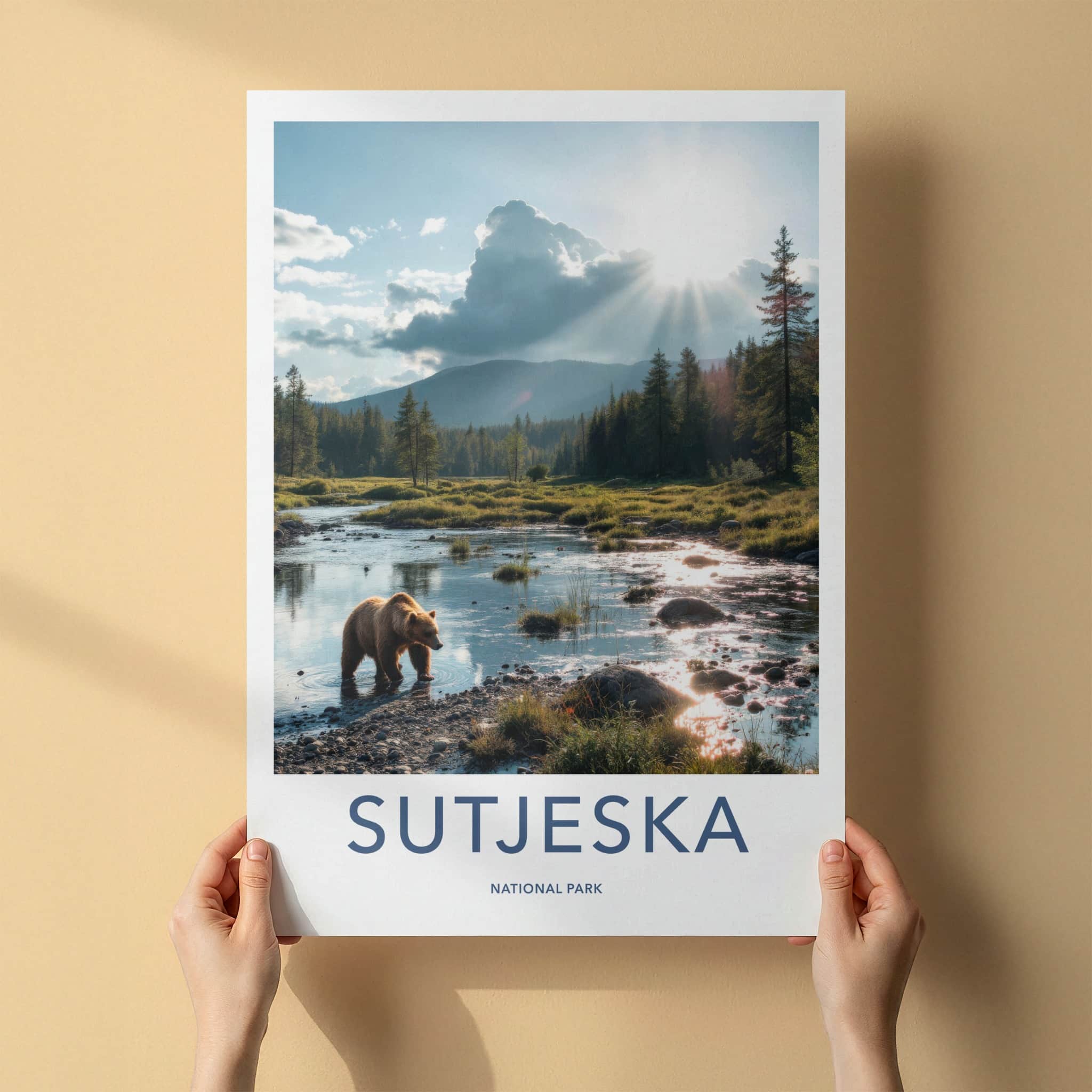 Sutjeska Poster - Bosnia and Herzegovina Travel Art - Bear Wading Stream Home Decor