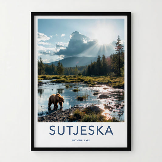 Sutjeska Poster - Bosnia and Herzegovina Travel Art - Bear Wading Stream Home Decor