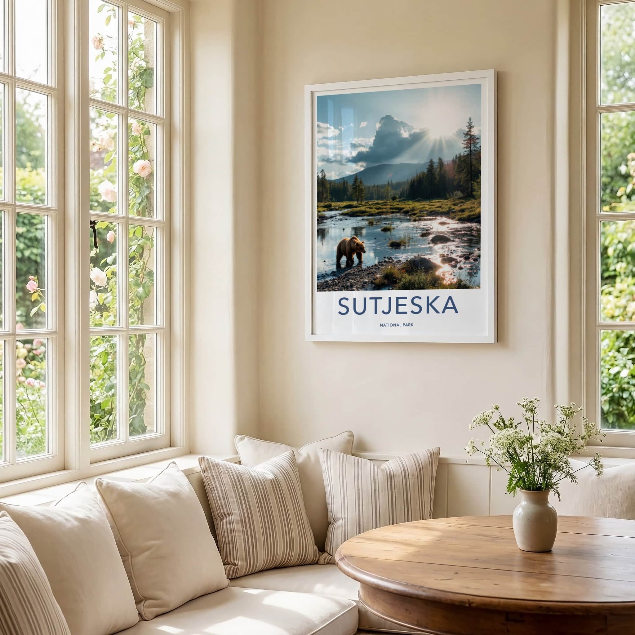 Sutjeska Poster - Bosnia and Herzegovina Travel Art - Bear Wading Stream Home Decor