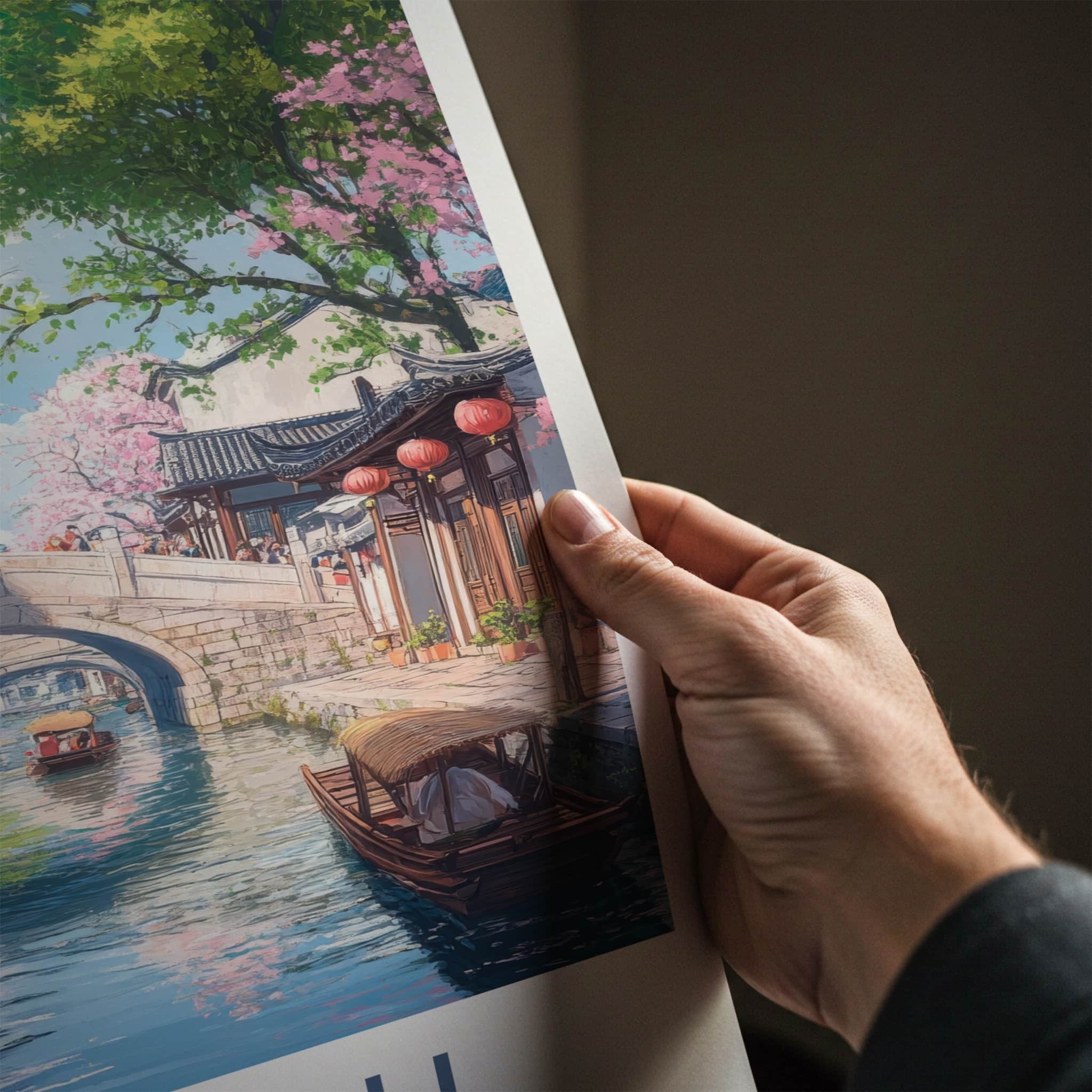Suzhou Poster - China Travel Print - Canal Bridge Boats Home Decor