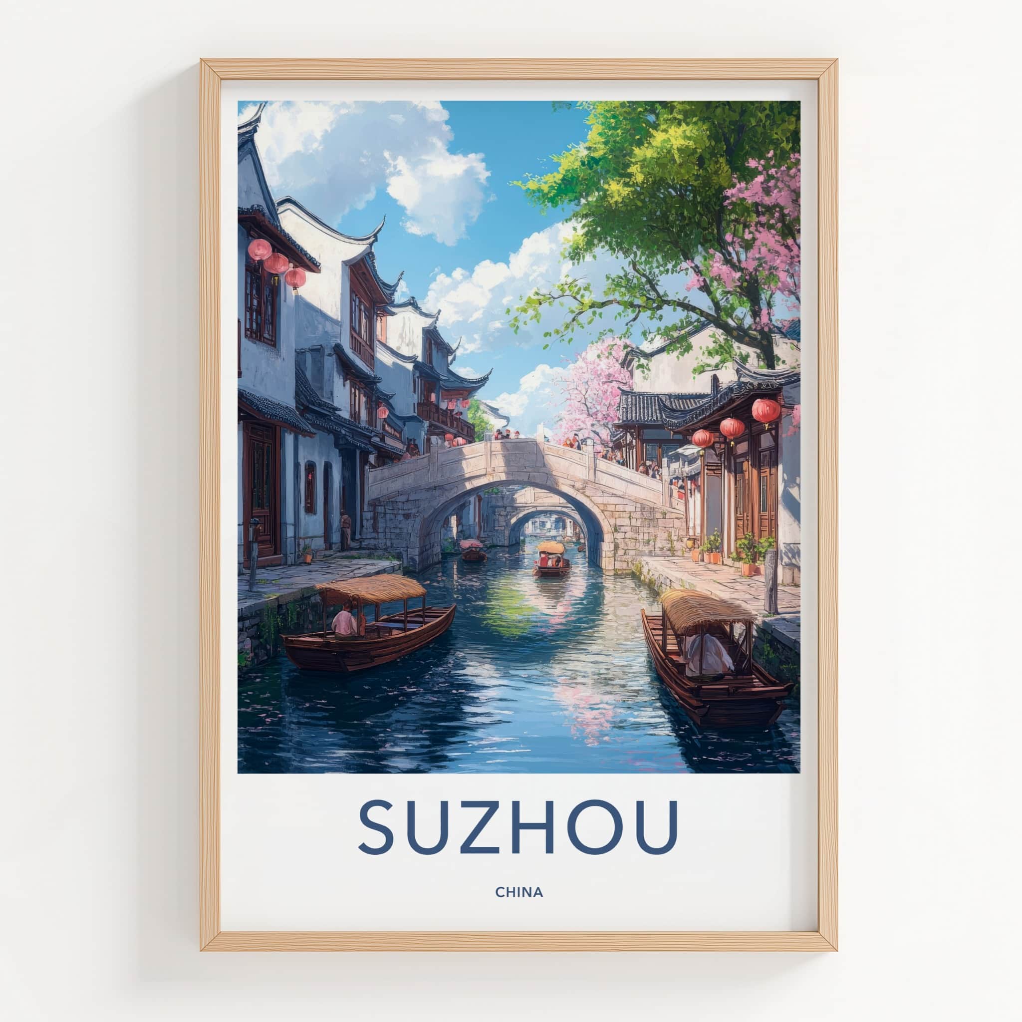 Suzhou Poster - China Travel Print - Canal Bridge Boats Home Decor
