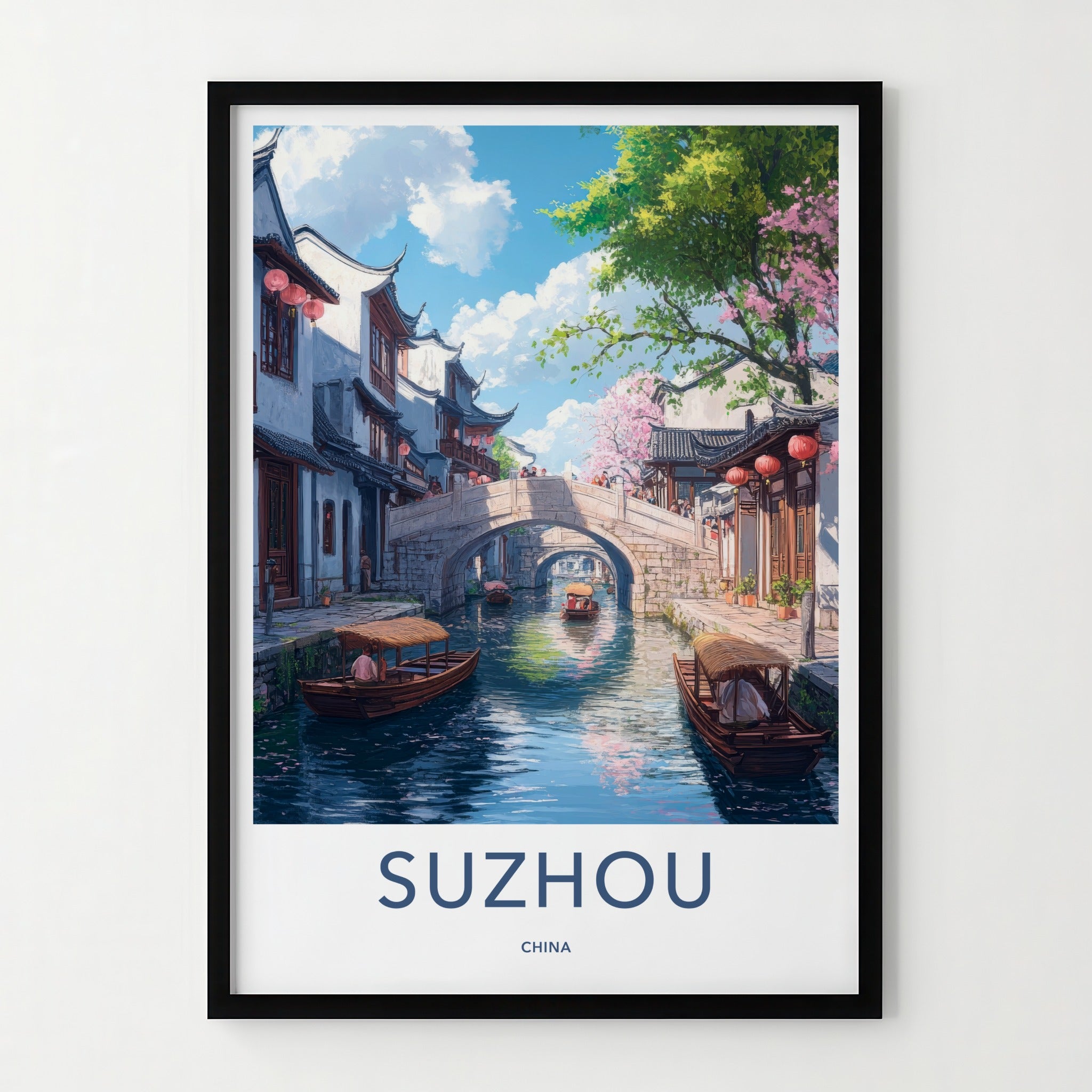 Suzhou Poster - China Travel Print - Canal Bridge Boats Home Decor