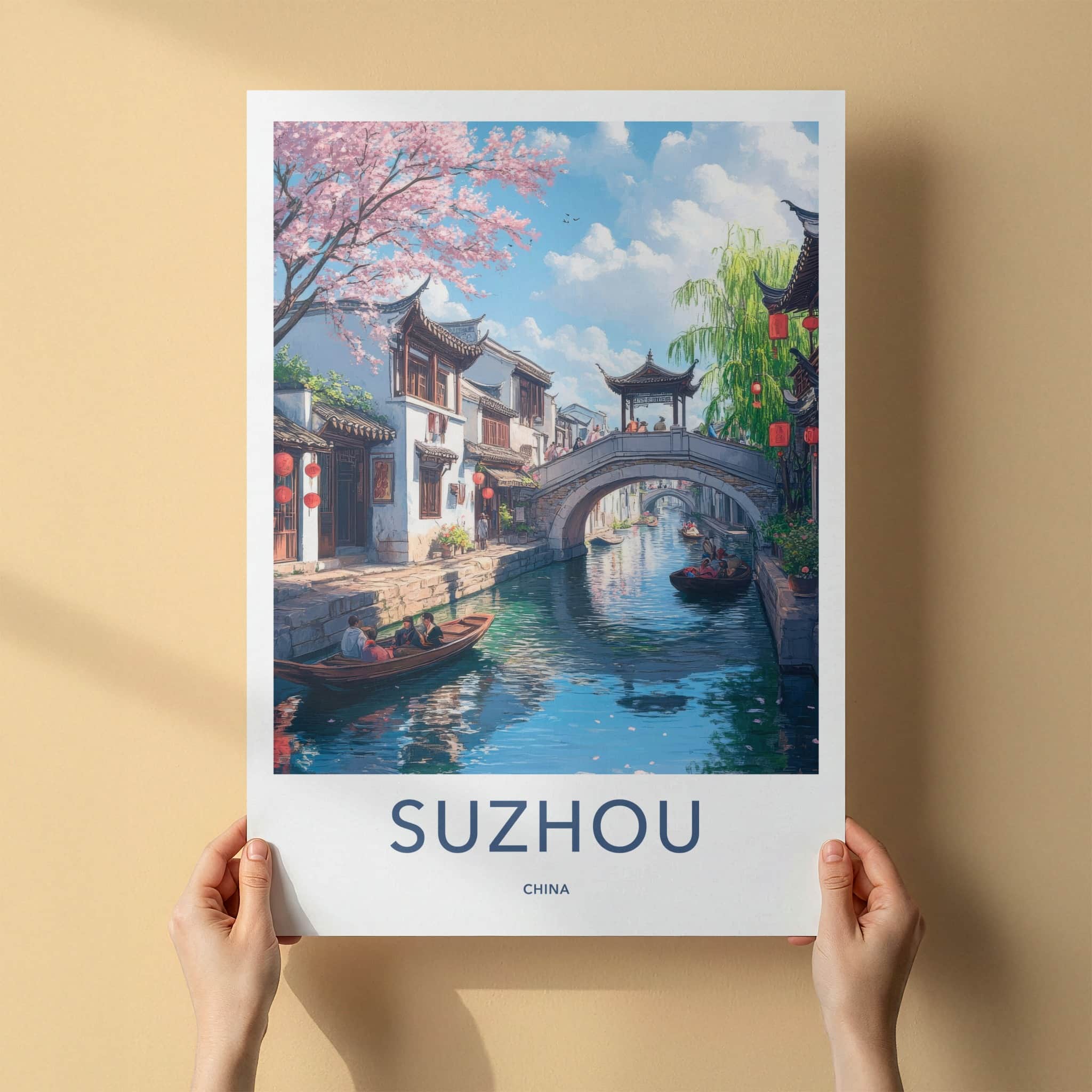 Suzhou Poster - China Travel Print - Cherry Blossom Canal Home Decor
