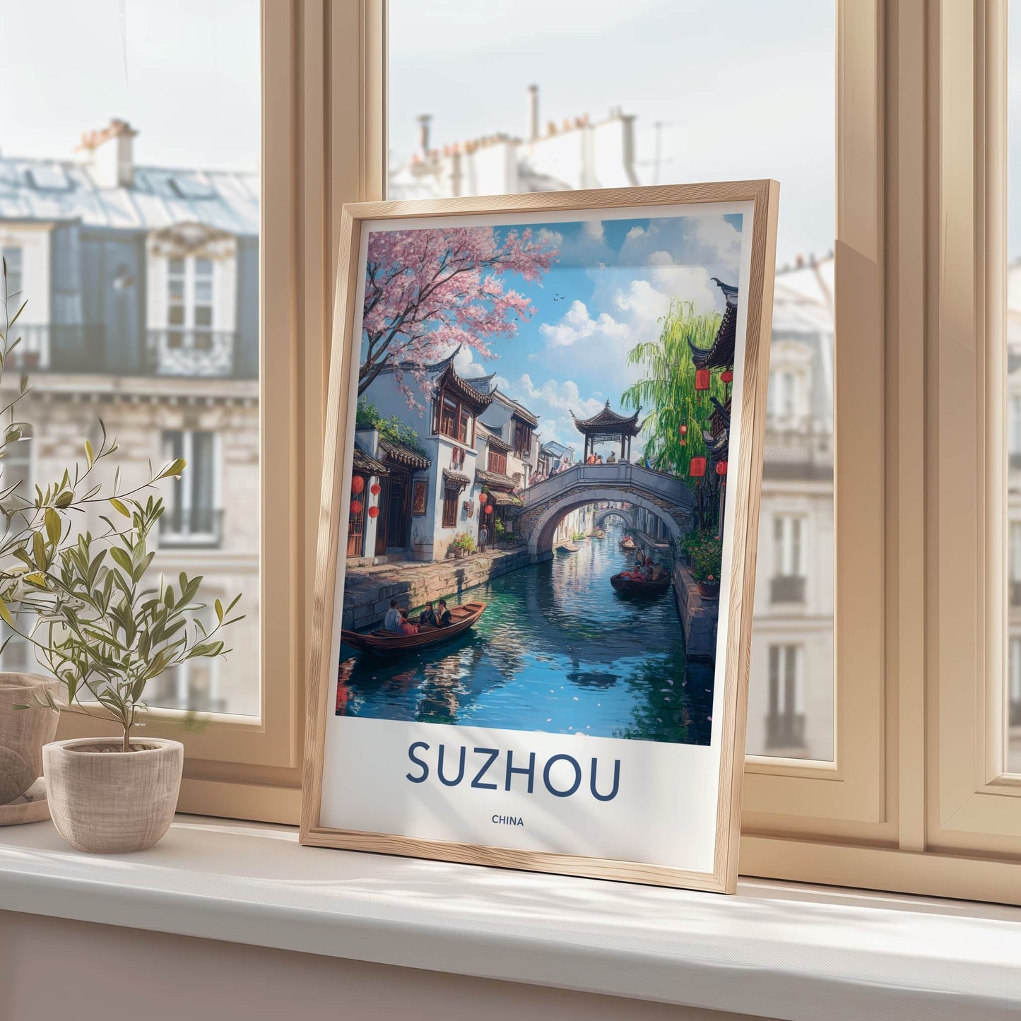 Suzhou Poster - China Travel Print - Cherry Blossom Canal Home Decor